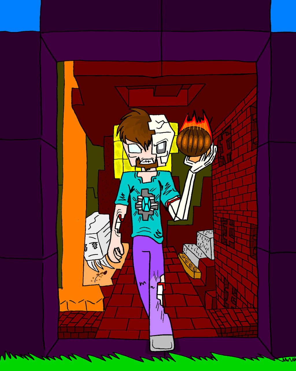 Herobrine 桌布 壁紙 — 一個半人半方塊臉的Minecraft風格角色，在紅磚地牢入口手持燃燒的南瓜。