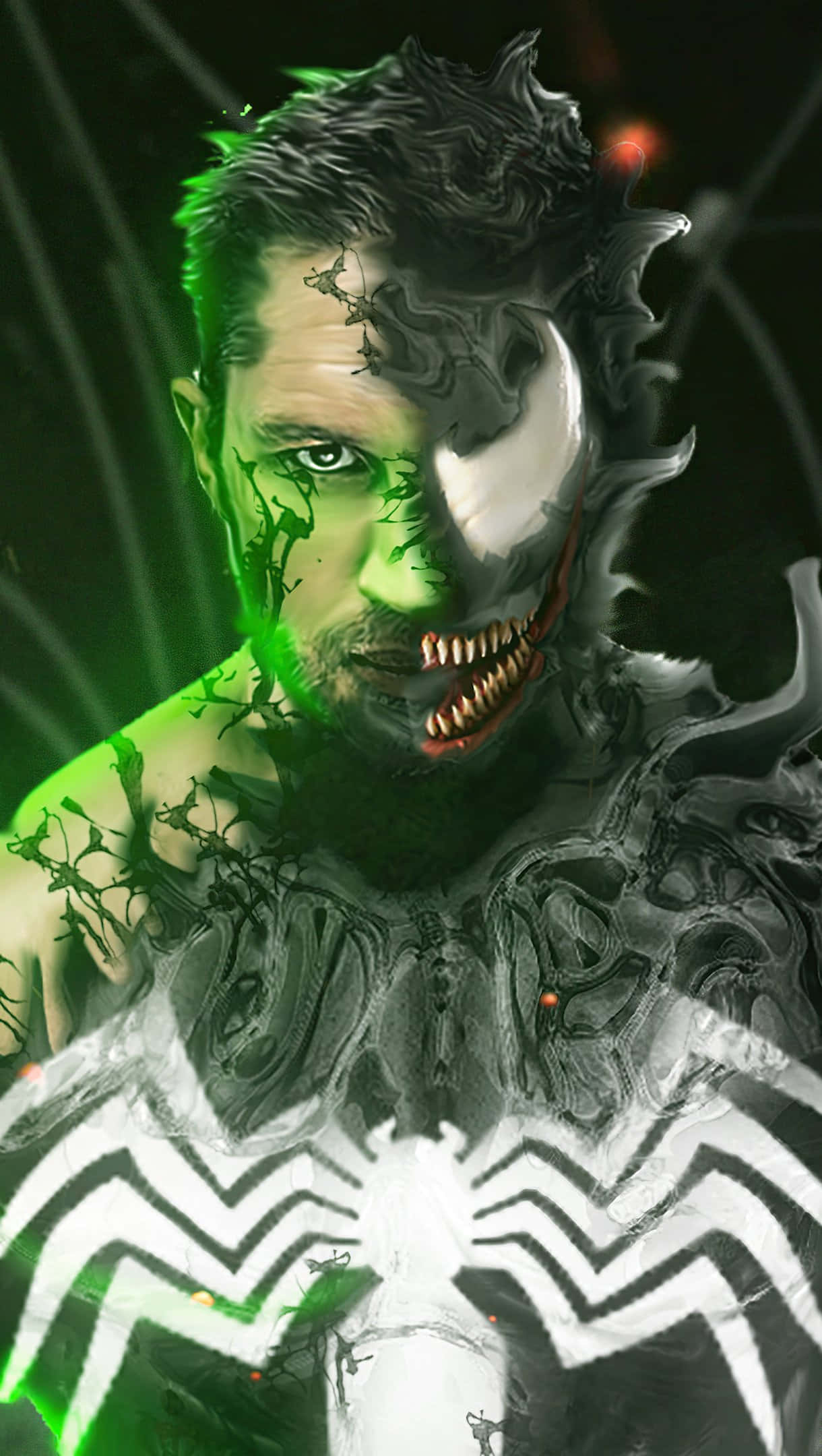 Tom Hardy Venom 桌布 壁紙 — 一個半人半毒液嘅男人分裂面孔肖像，帶有發光綠色靜脈同黑色共生體套裝，背景係黑暗。