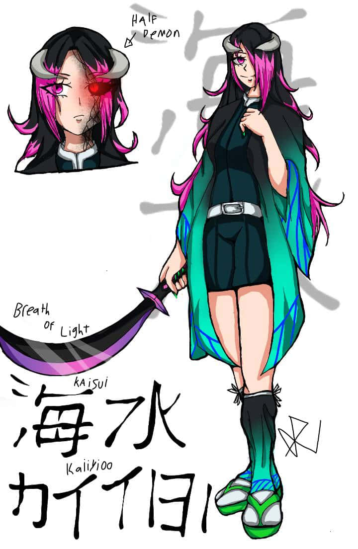 Demon Slayer Half-demon 桌布 壁紙 — 一個半惡魔動漫女孩，粉紅色頭髮和角，以動態姿勢揮舞著彎曲的劍。