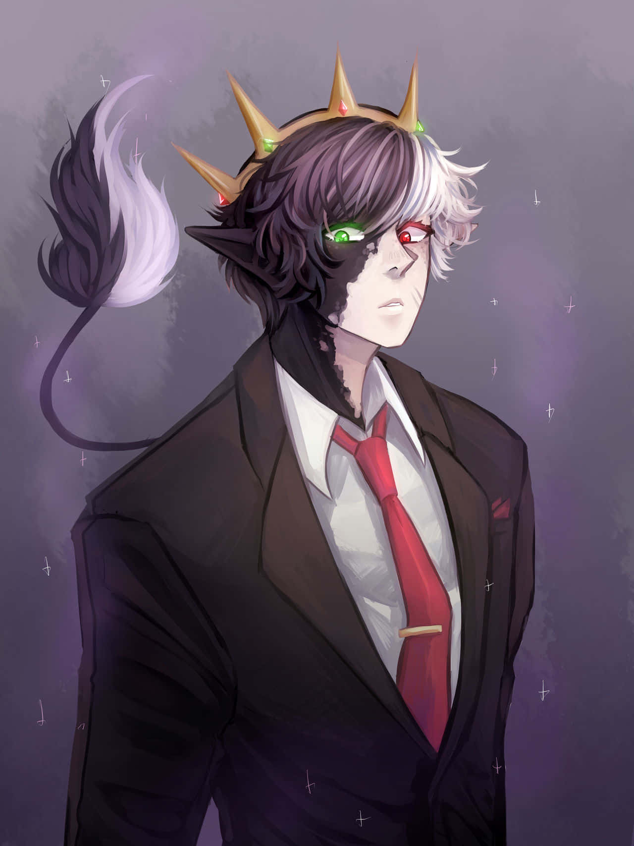 ranboo 桌布 壁紙 — 一個半惡魔動漫角色，擁有皇冠尾巴和異色瞳，穿著正式西裝，背景是星空紫色。
