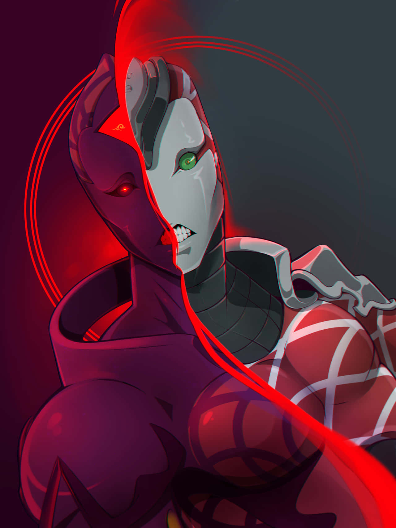 Jojo King Crimson 桌布 壁紙 — 一個半紅半白面孔、帶有發光綠色眼睛的賽博動漫角色，在深紅色背景下強烈凝視。