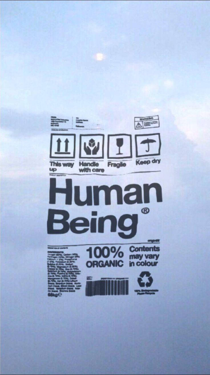 Light Blue Aesthetic 桌布 壁紙 — 一個半透明膠袋，標有「Human Being」、護理符號和「100%有機」，背景為多雲的天空。