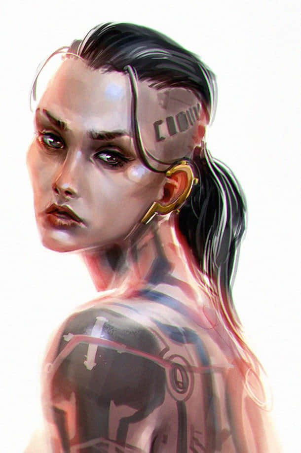 Mass Effect Jack 桌布 壁紙 — 一個半邊臉暴露為機械裝置、頭皮和肩膀上紋有發光電路的賽博格女性。