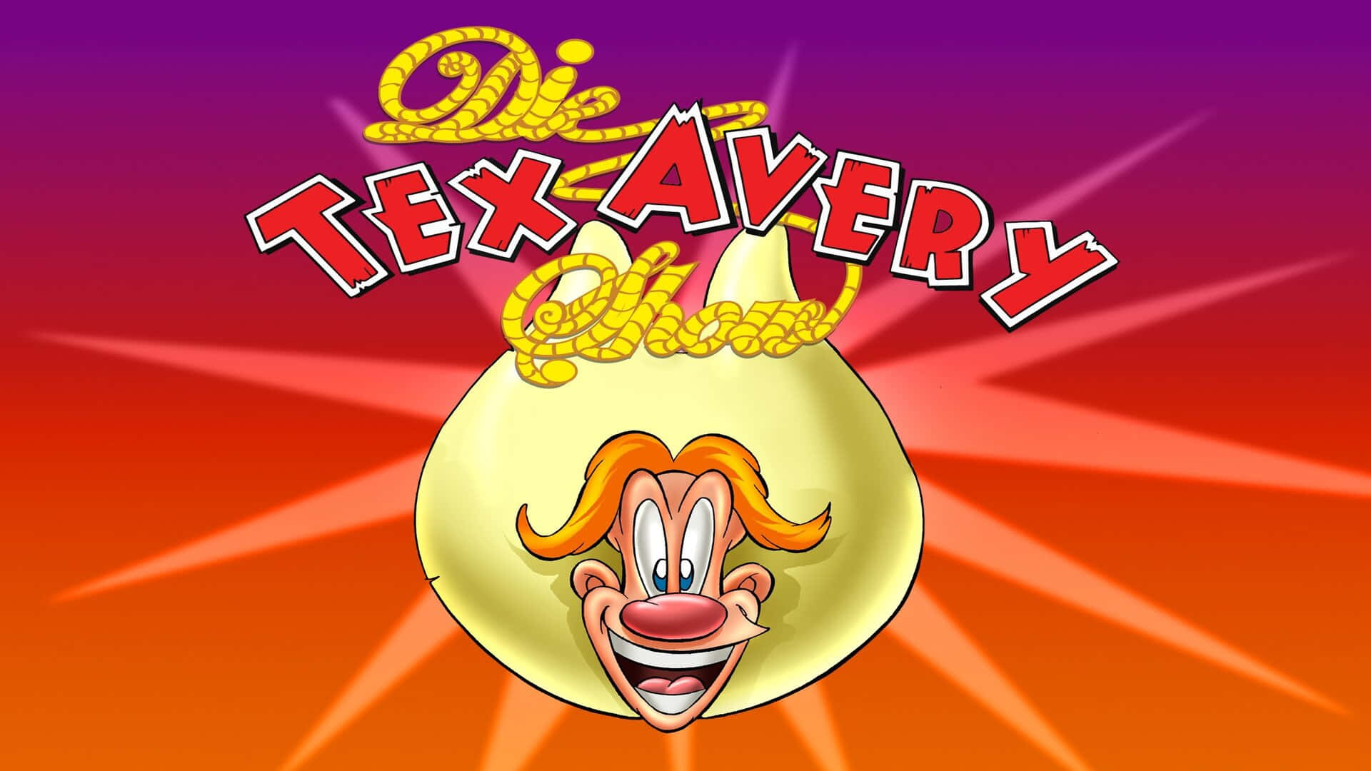 The Wacky World Of Tex Avery 桌布 壁紙 — 一個卡通 Tex Avery 標誌，黃色炸彈上有一張笑臉，背景是充滿活力的紫橙色漸變。