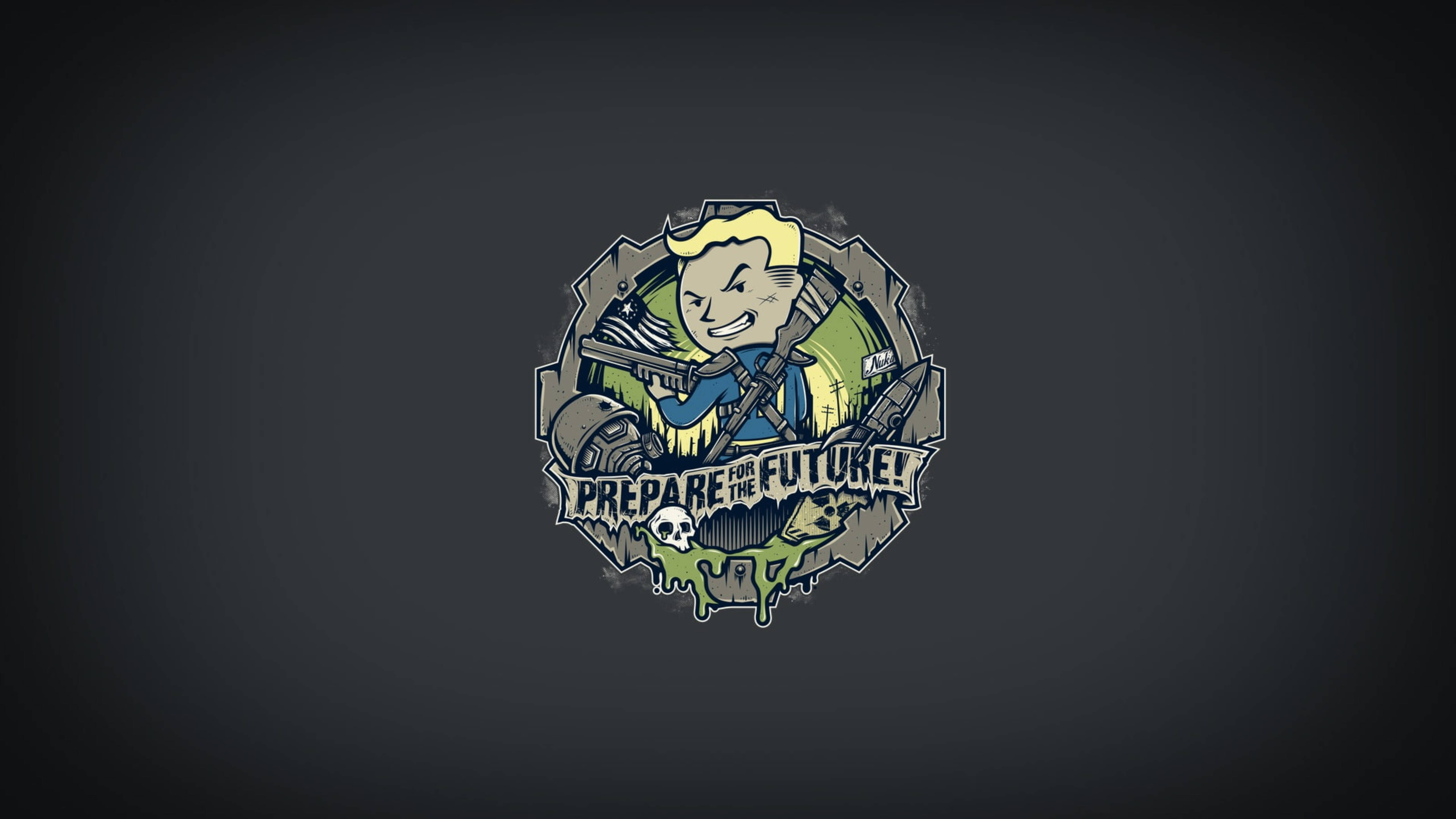 Fallout 4 桌布 壁紙 — 一個卡通Vault Boy吉祥物在圓形徽章中手持步槍，下方有「為未來做好準備！」文字和骷髏頭。