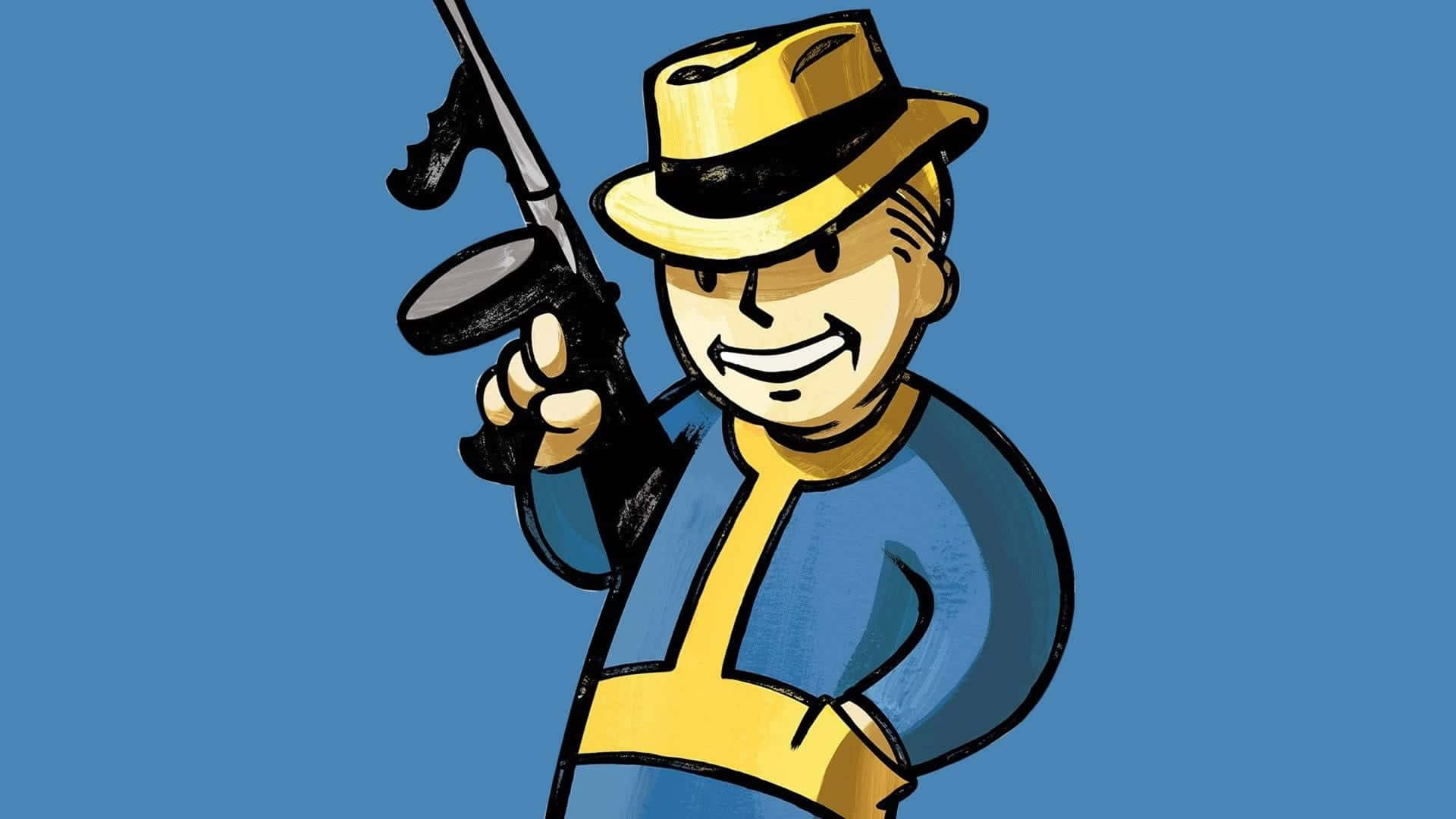 Fallout Shelter 桌布 壁紙 — 一個卡通Vault Boy戴着黃色帽子和藍色連身衣，手持步槍，在純藍色背景上露出愉快的笑容。