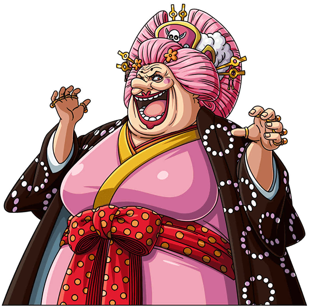 Charlotte Linlin 桌布 壁紙 — 一個卡通化誇張的動漫女性，粉紅色頭髮和華麗頭飾，穿著傳統日本服裝狂笑。