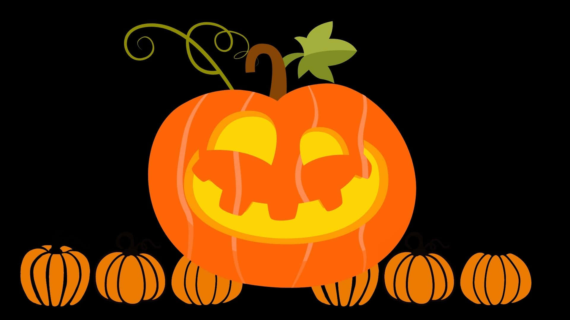 Cute Pumpkin 桌布 壁紙 — 一個卡通南瓜燈，咧嘴大笑，黃色眼睛發光，坐在一排較小南瓜的頂部，背景為黑色。