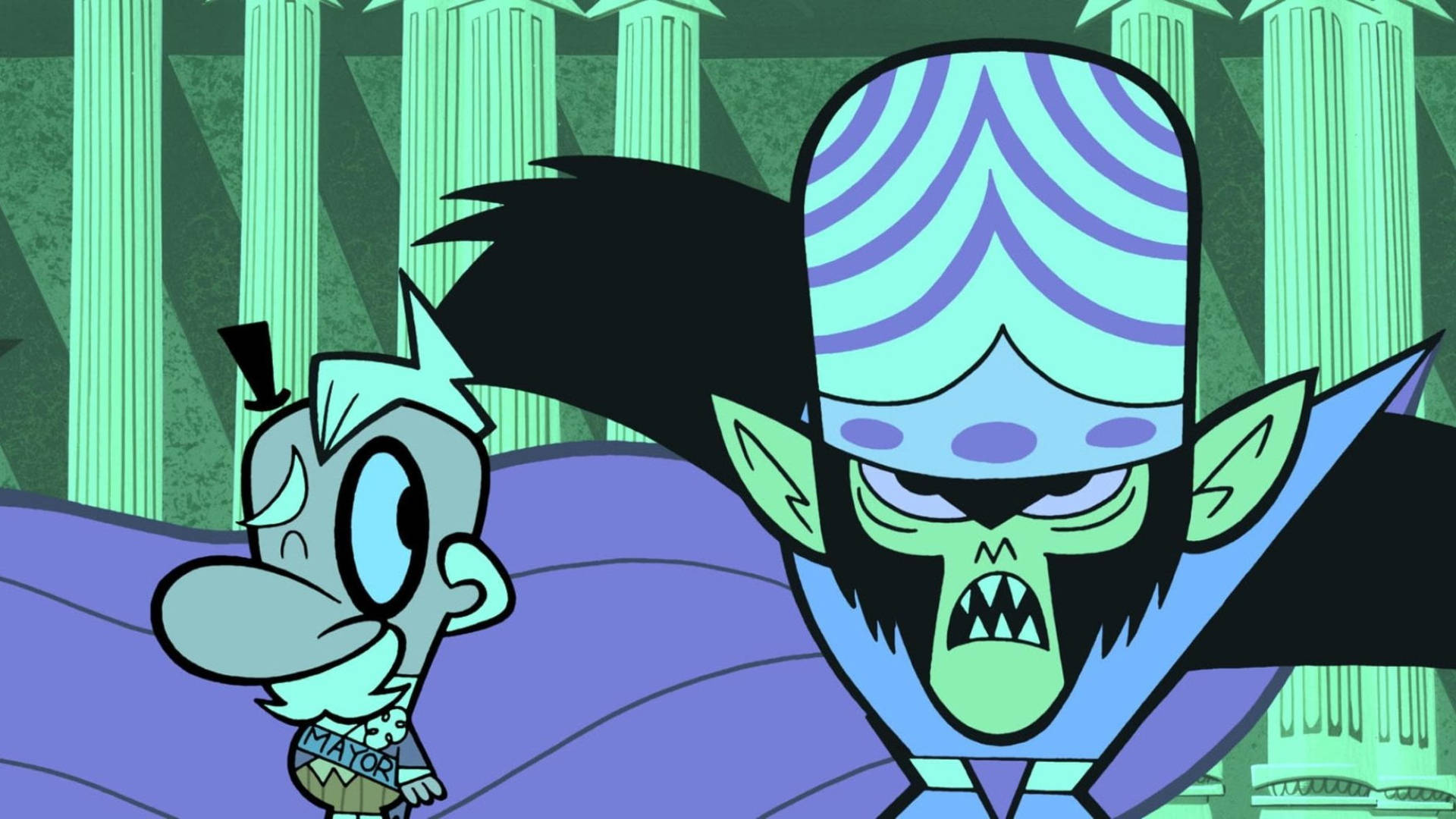 powerpuff girls baddie 桌布 壁紙 — 一個卡通反派，擁有條紋頭髮和尖銳牙齒，在寺廟場景中兇狠地瞪著一個細小驚恐的角色。