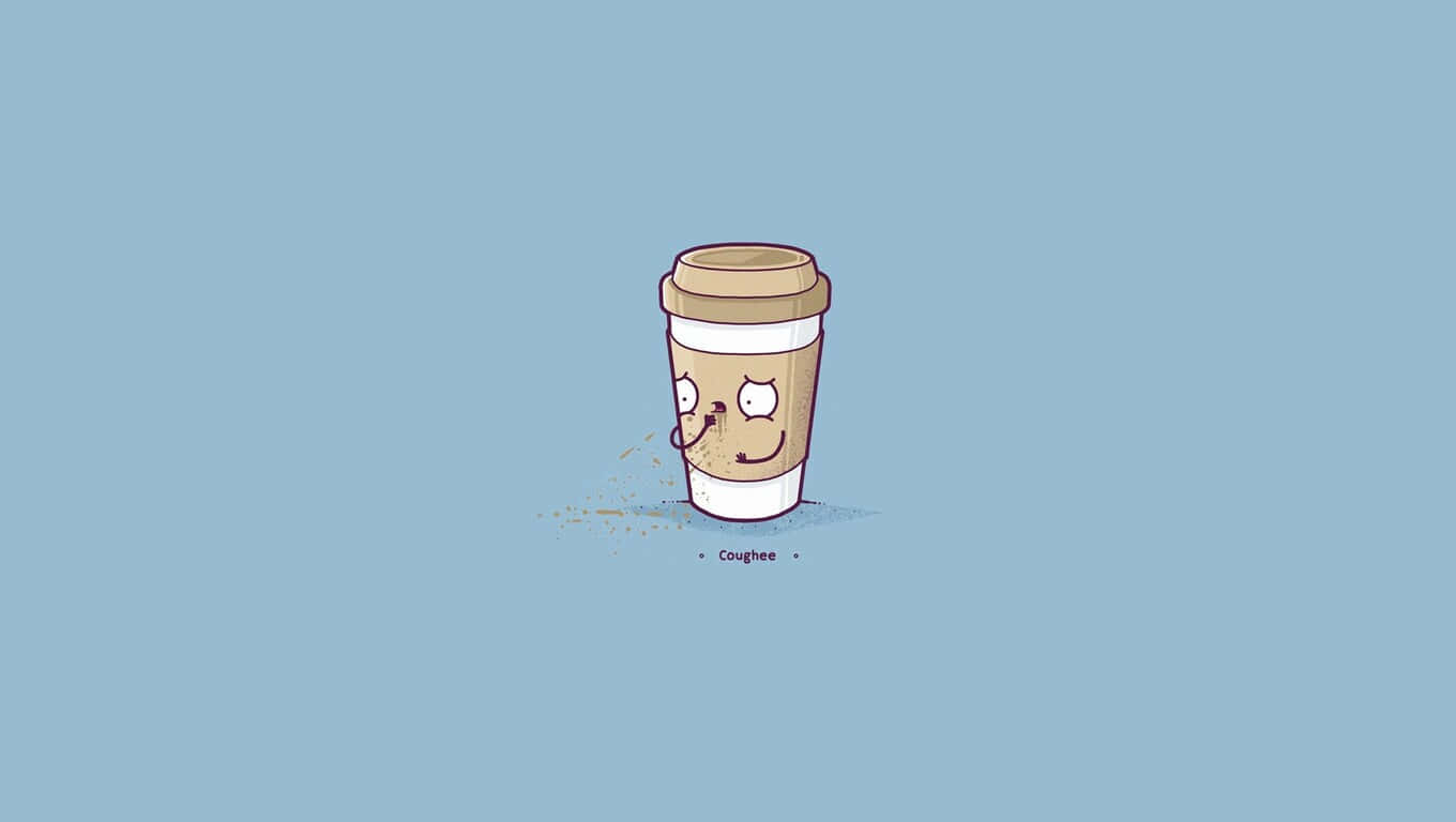Minimalist Coffee 桌布 壁紙 — 一個卡通咖啡杯，帶着疲憊的表情，咖啡渣從嘴裏溢出，背景是純藍色。