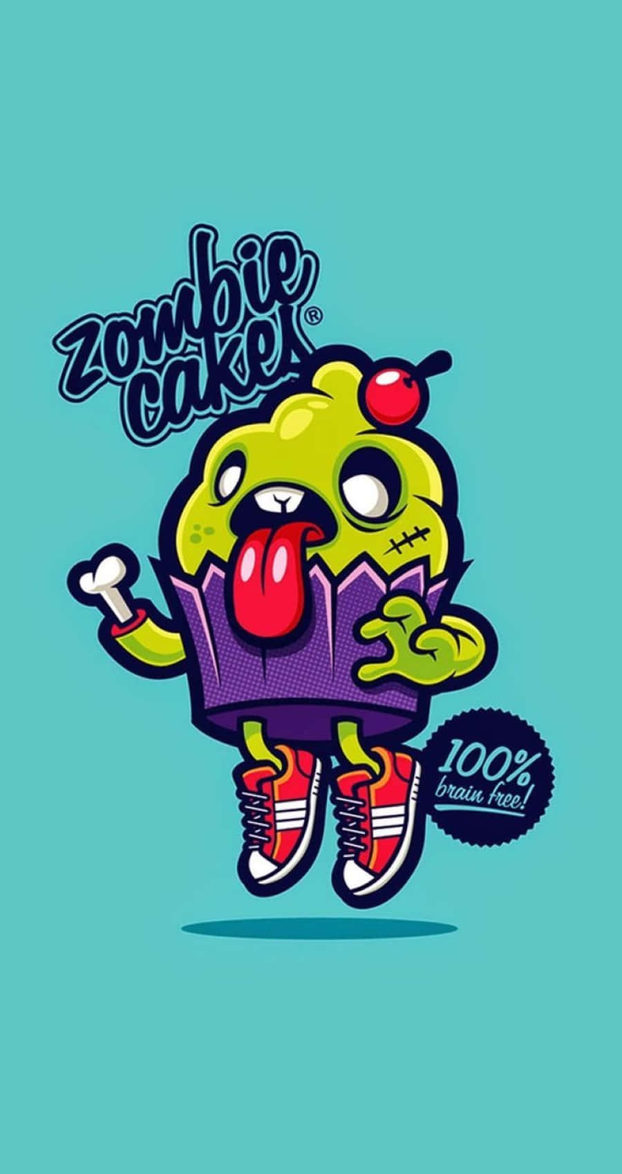 Kawaii Food 桌布 壁紙 — 一個卡通喪屍杯子蛋糕，上面有櫻桃，伸出舌頭，穿著紅色運動鞋，背景是藍綠色。