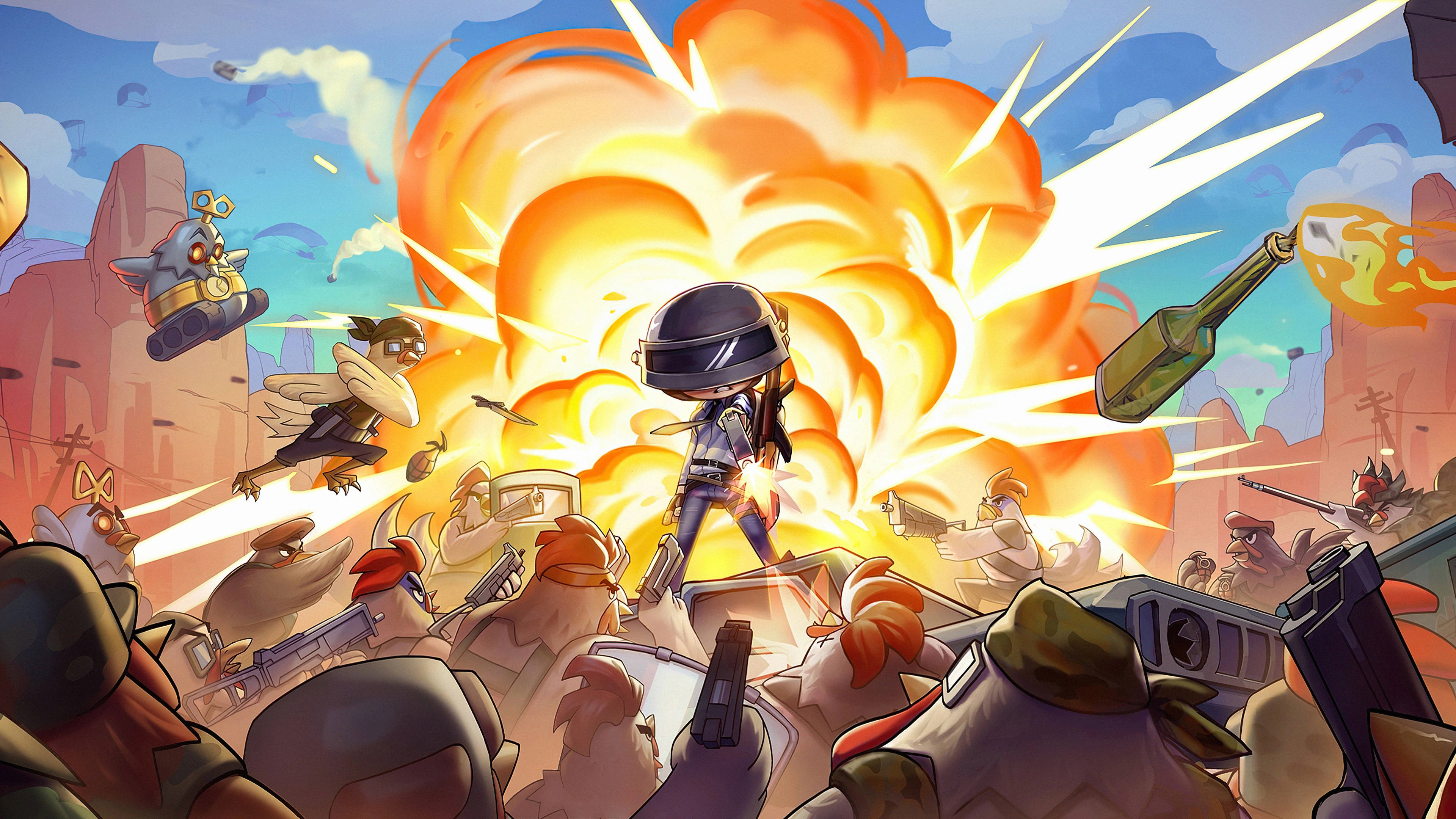 PUBG 桌布 壁紙 — 一個卡通士兵挑釁地站在烈火爆炸中，敵人持槍和坦克衝鋒，形成混亂的戰鬥場景。