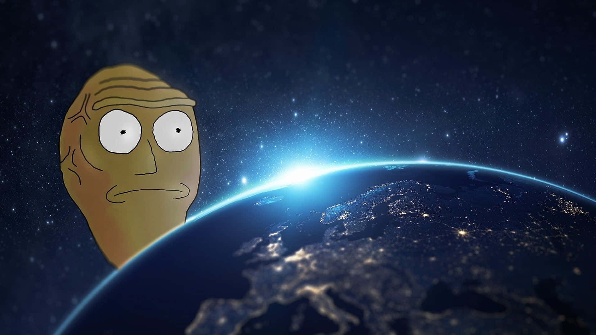 Giant Heads 桌布 壁紙 — 一個卡通外星人面孔從太空俯視夜晚發光的地球，城市燈光閃爍。