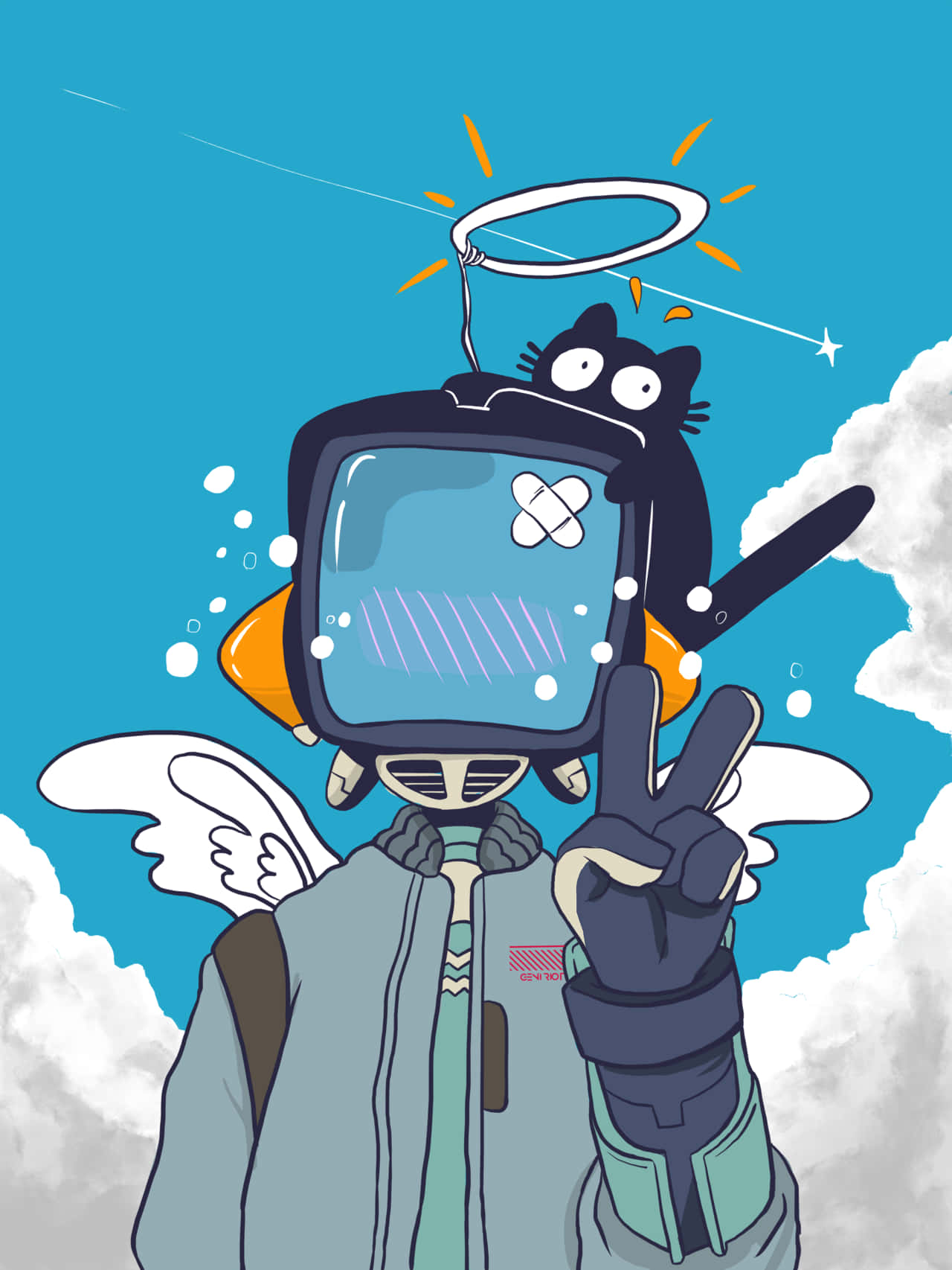 Flcl Canti 桌布 壁紙 — 一個卡通天使，頭部是電視機，上面有一隻黑貓，在藍天白雲下比出和平手勢。