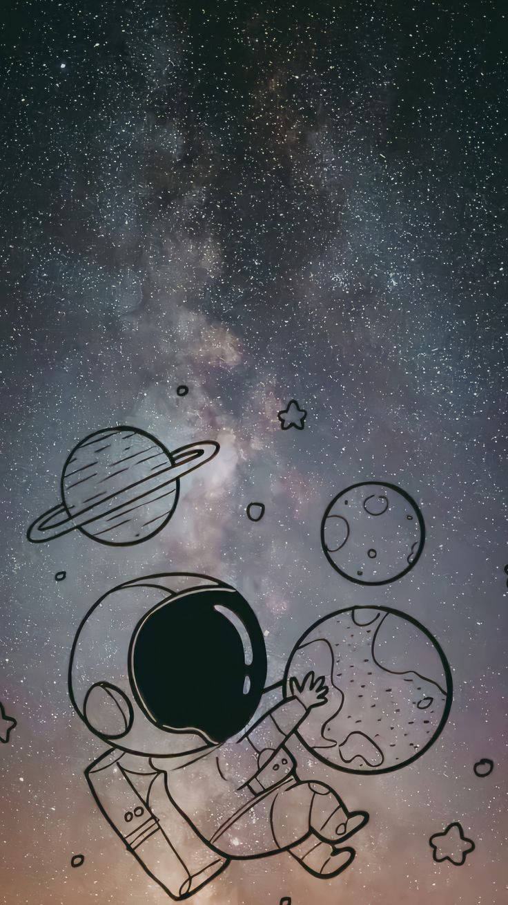 太空人 桌布 壁紙 — 一個卡通太空人在太空漂浮，伸手觸及一顆行星，背景是繁星點點的銀河。