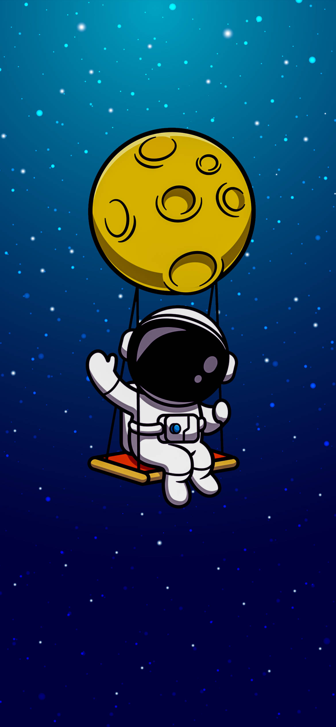 太空人 桌布 壁紙 — 一個卡通太空人在星空夜空中由月亮懸掛的鞦韆上愉快地揮手。