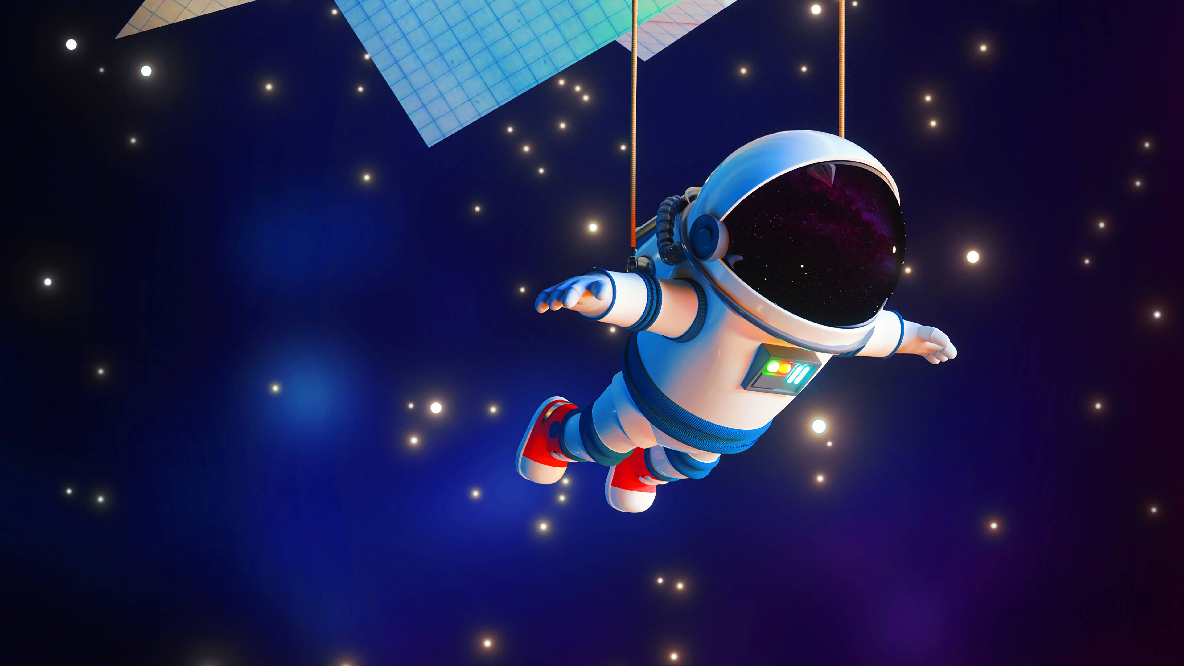 3D 桌布 壁紙 — 一個卡通太空人在深空中無重漂浮，靠近一個衛星，背景有閃爍的星星。