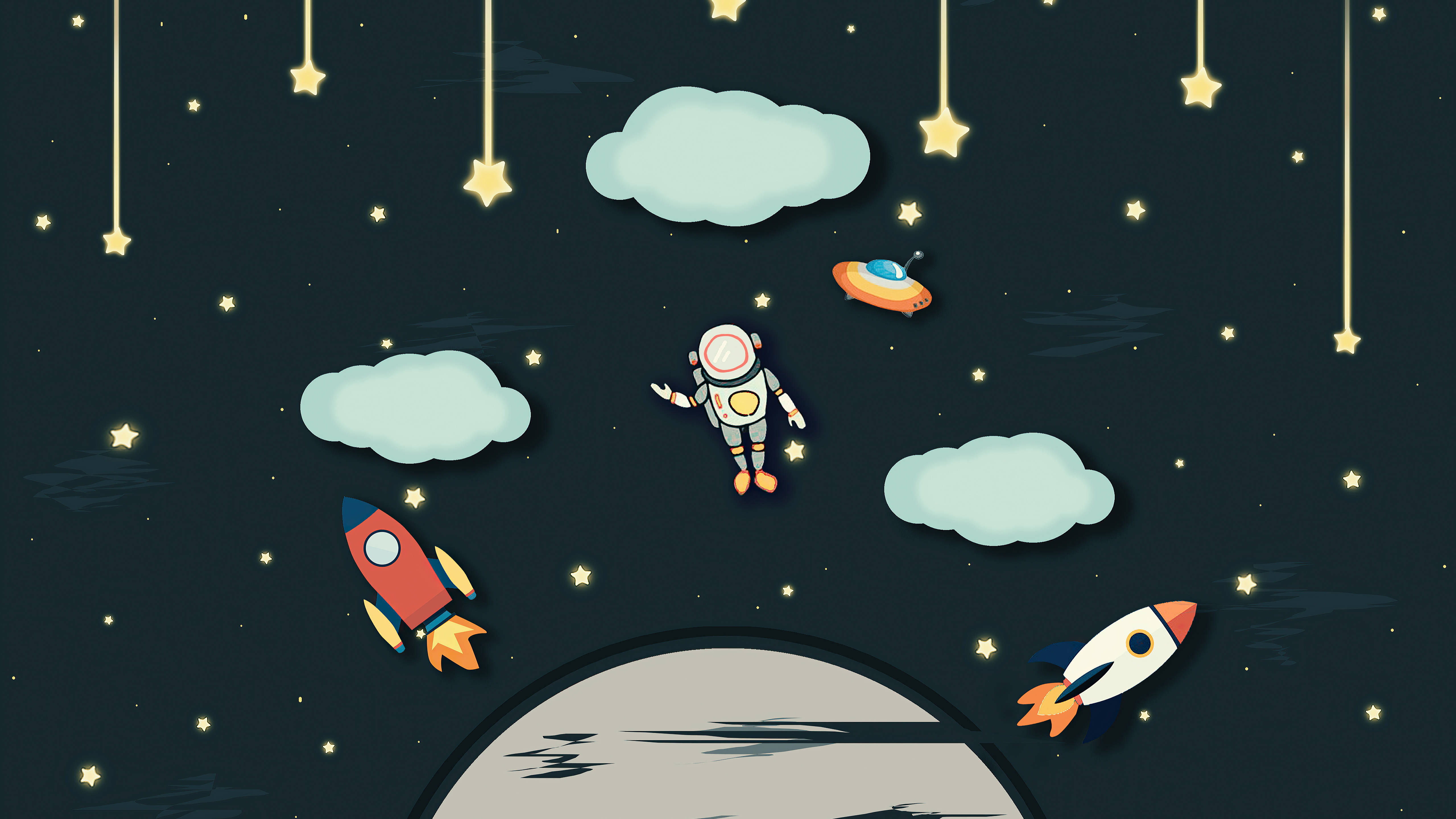 太空人 桌布 壁紙 — 一個卡通太空人在雲層和流星之間漂浮，火箭和UFO在月球周圍飛行。