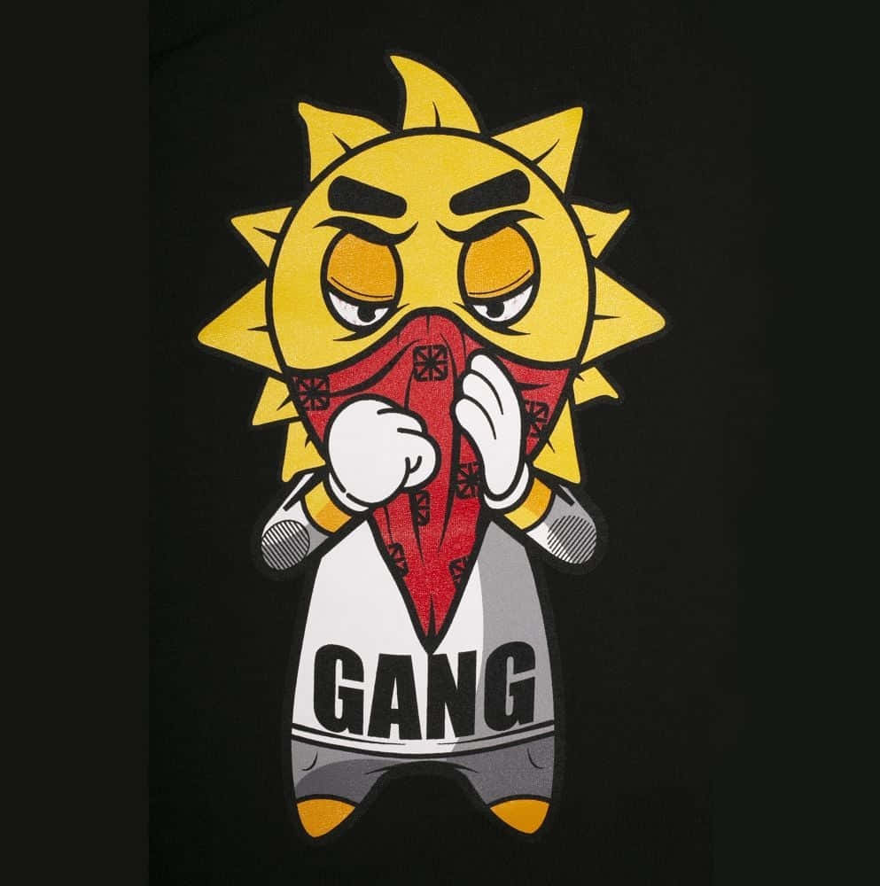 Gang 桌布 壁紙 — 一個卡通太陽角色，帶有憤怒的眼睛和紅色頭巾遮住嘴巴，穿著 'GANG' 襯衫，擺出戰鬥姿勢。