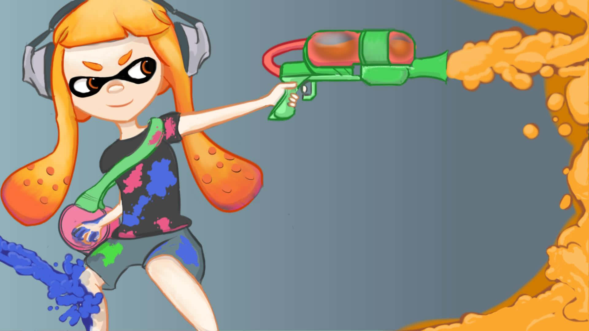 splatoon 桌布 壁紙 — 一個卡通女孩，有橙色辮子和黑色眼罩，手持綠色油漆槍，在灰色背景上噴射橙色油漆。