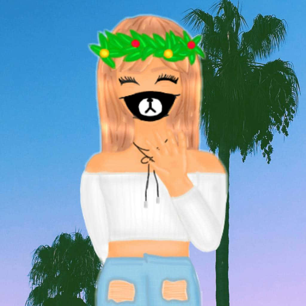 Cute Roblox 桌布 壁紙 — 一個卡通女孩戴着節日花環和熊面具，站在棕櫚樹前，背景是晴朗的藍天。