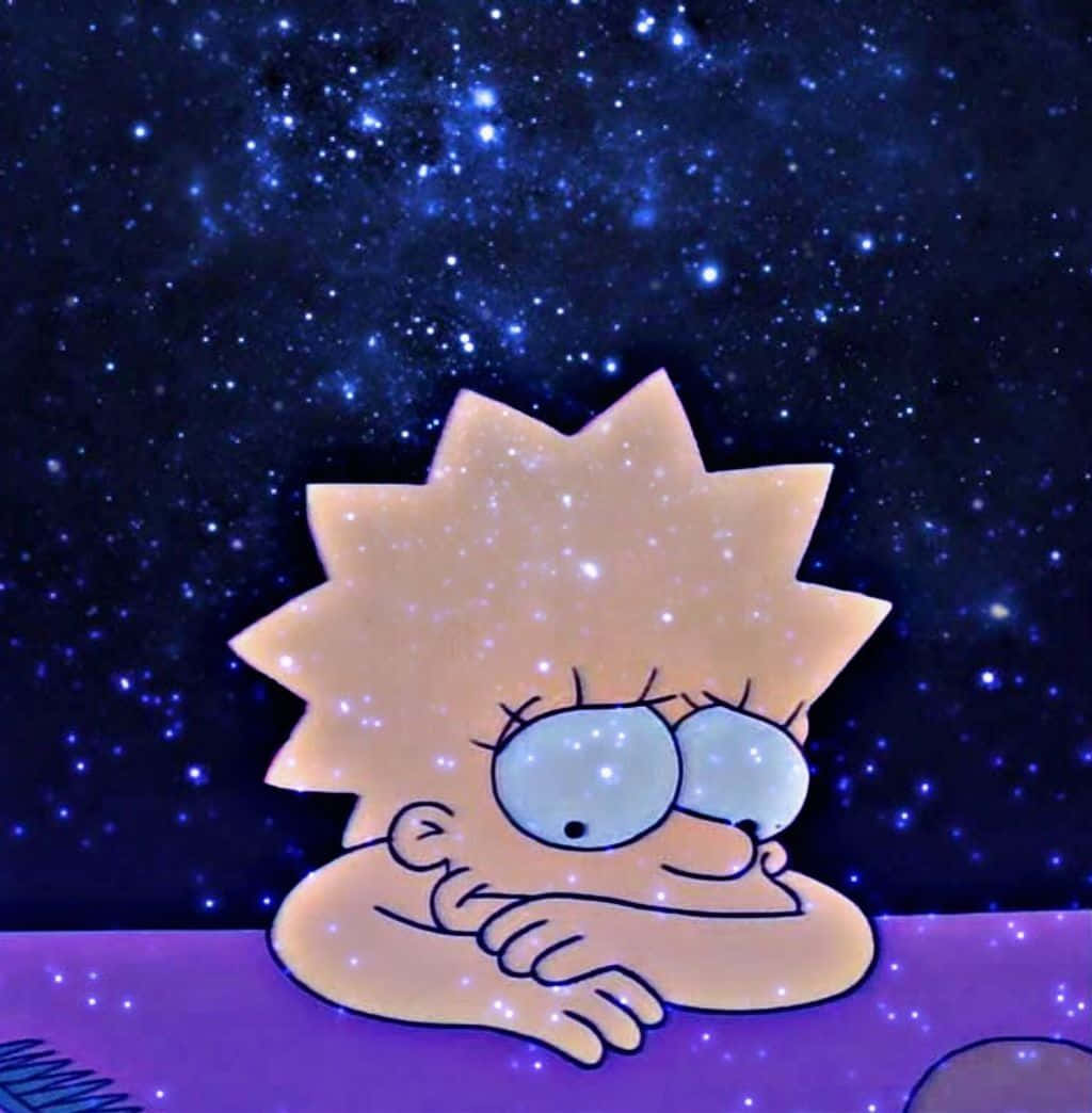 sadness 桌布 壁紙 — 一個卡通女孩頭髮豎起，從紫色表面仰望閃爍的星空。