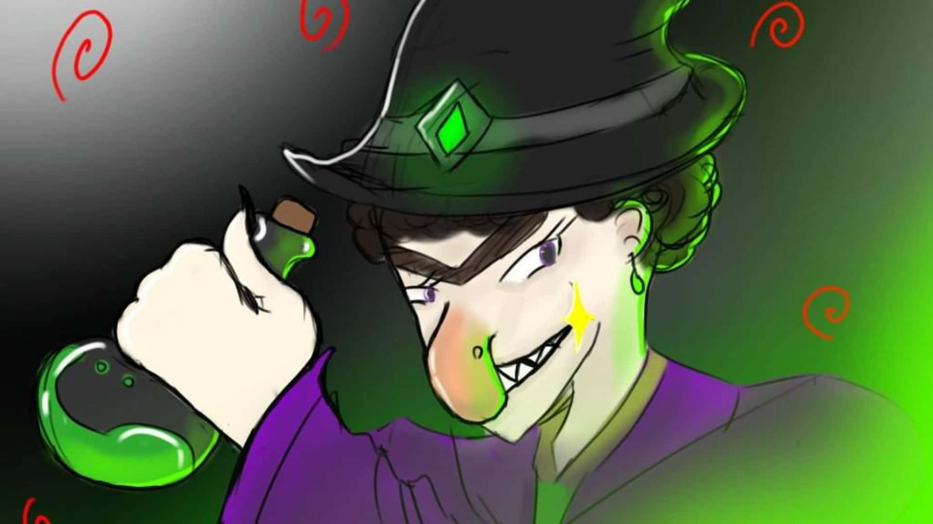 Minecraft Witch 桌布 壁紙 — 一個卡通女巫，綠色黏液從鼻子滴下，手持藥水瓶，背景是旋轉的綠色和黑色。
