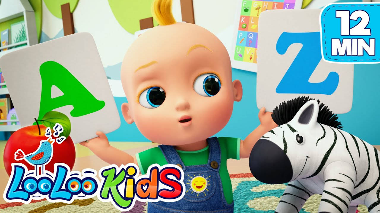 Looloo Kids A To Z 壁紙 — 一個卡通嬰兒在色彩繽紛的教育房間裡拿著字母卡和斑馬玩具。