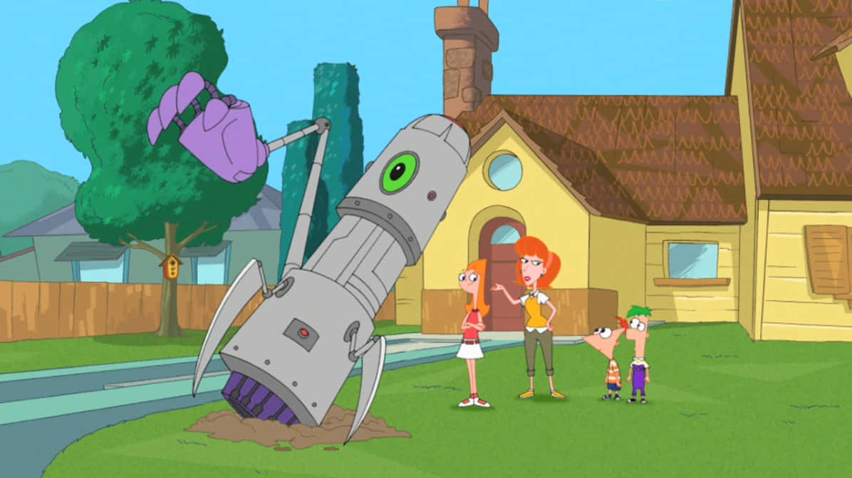 Phineas And Ferb 桌布 壁紙 — 一個卡通家庭震驚地看著一個巨型機械人撞入他們黃色房子附近的郊區草坪。