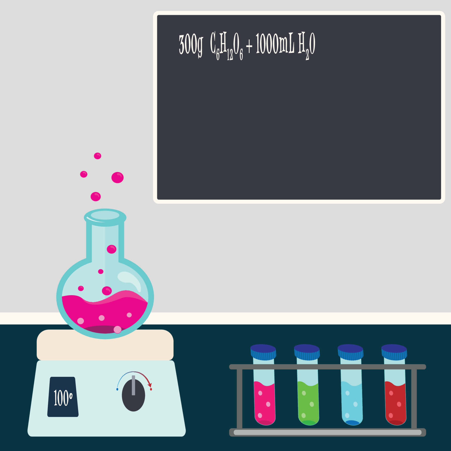 Cartoon Science 桌布 壁紙 — 一個卡通實驗室場景，在100度加熱器上的燒瓶中有冒泡的粉紅色溶液，以及四個裝有有色液體的試管。