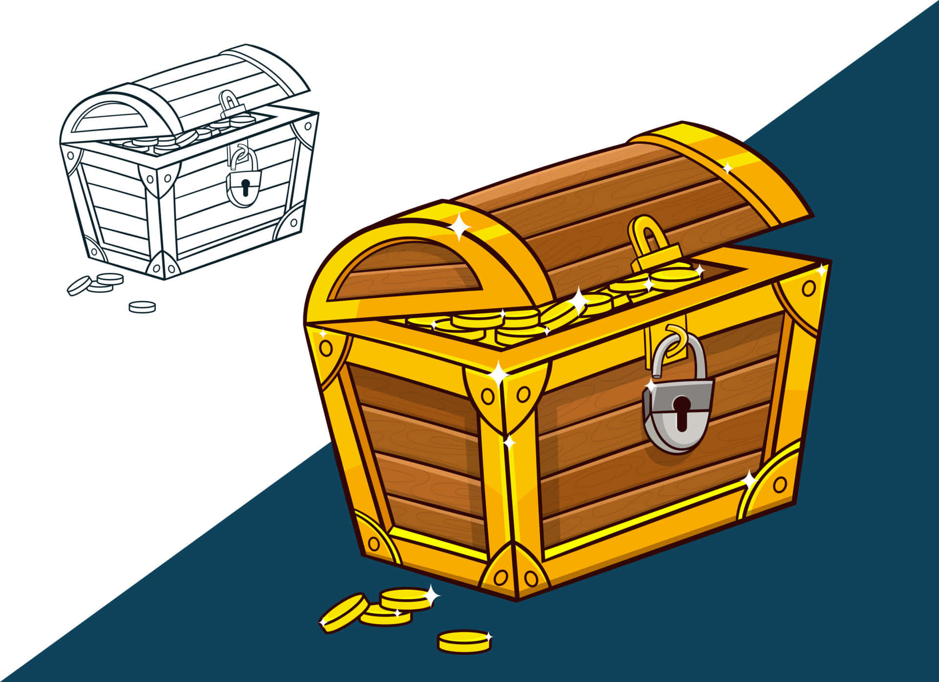 Treasure 桌布 壁紙 — 一個卡通寶藏箱，裝滿金幣，旁邊是其黑白輪廓版本，背景為藍白斜紋。