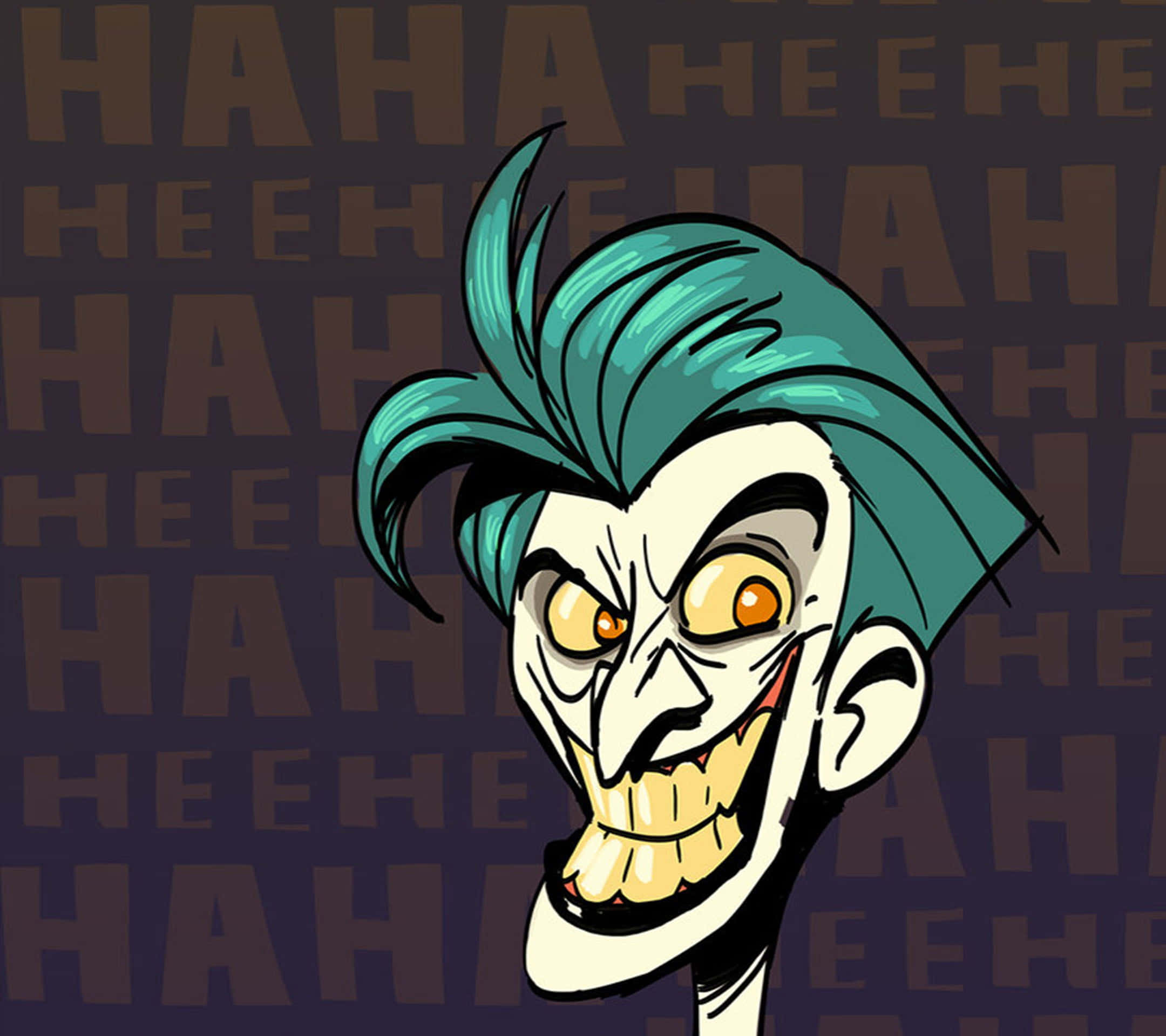 Joker Laughing 桌布 壁紙 — 一個卡通小丑，擁有藍綠色頭髮和咧嘴大笑，對著重複的「HAHA」背景狂笑。