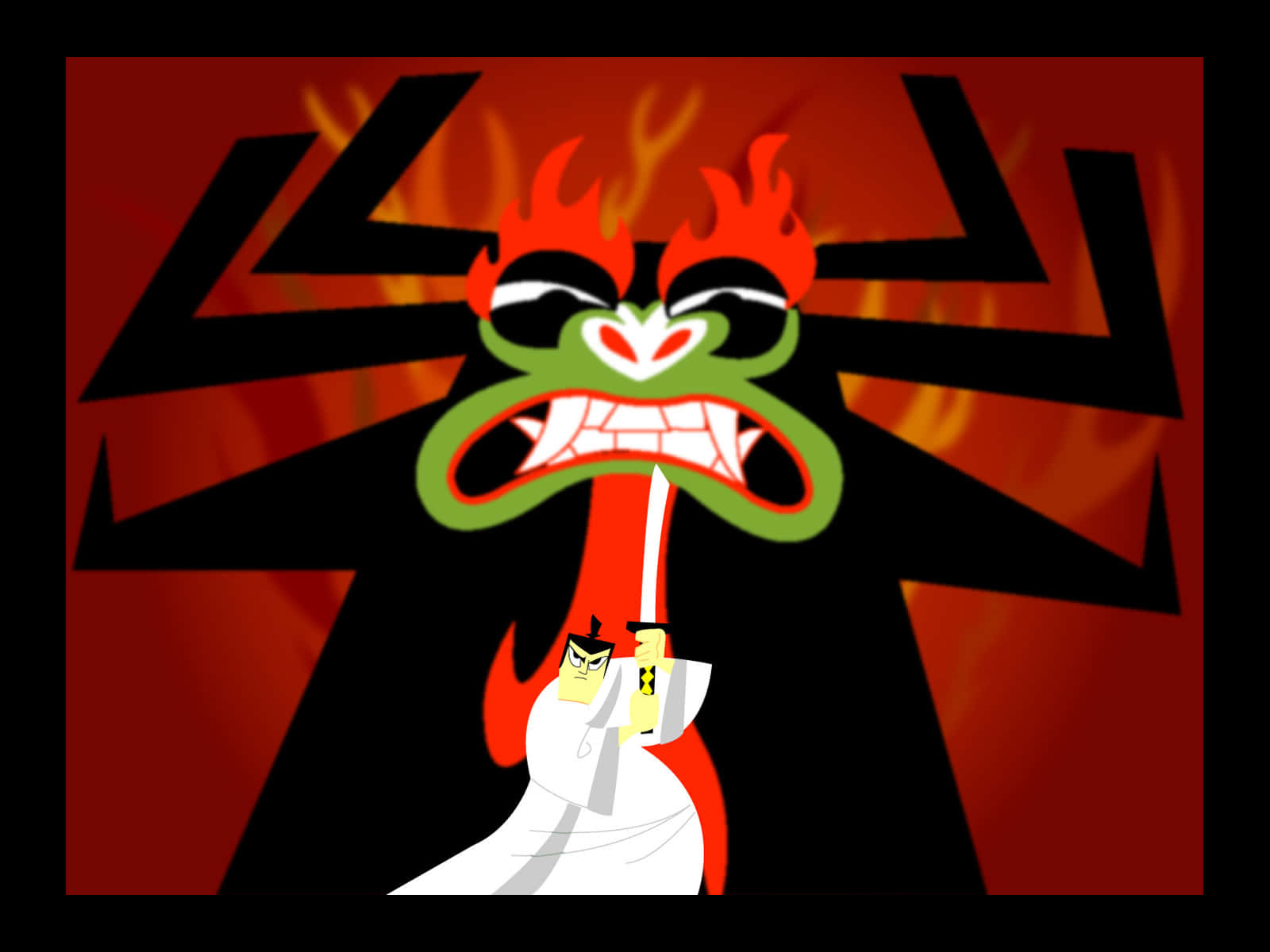samurai jack 桌布 壁紙 — 一個卡通惡魔，擁有火焰般的頭髮和鋒利的牙齒，在帶有黑色角形狀的紅色背景上威脅性地咆哮。