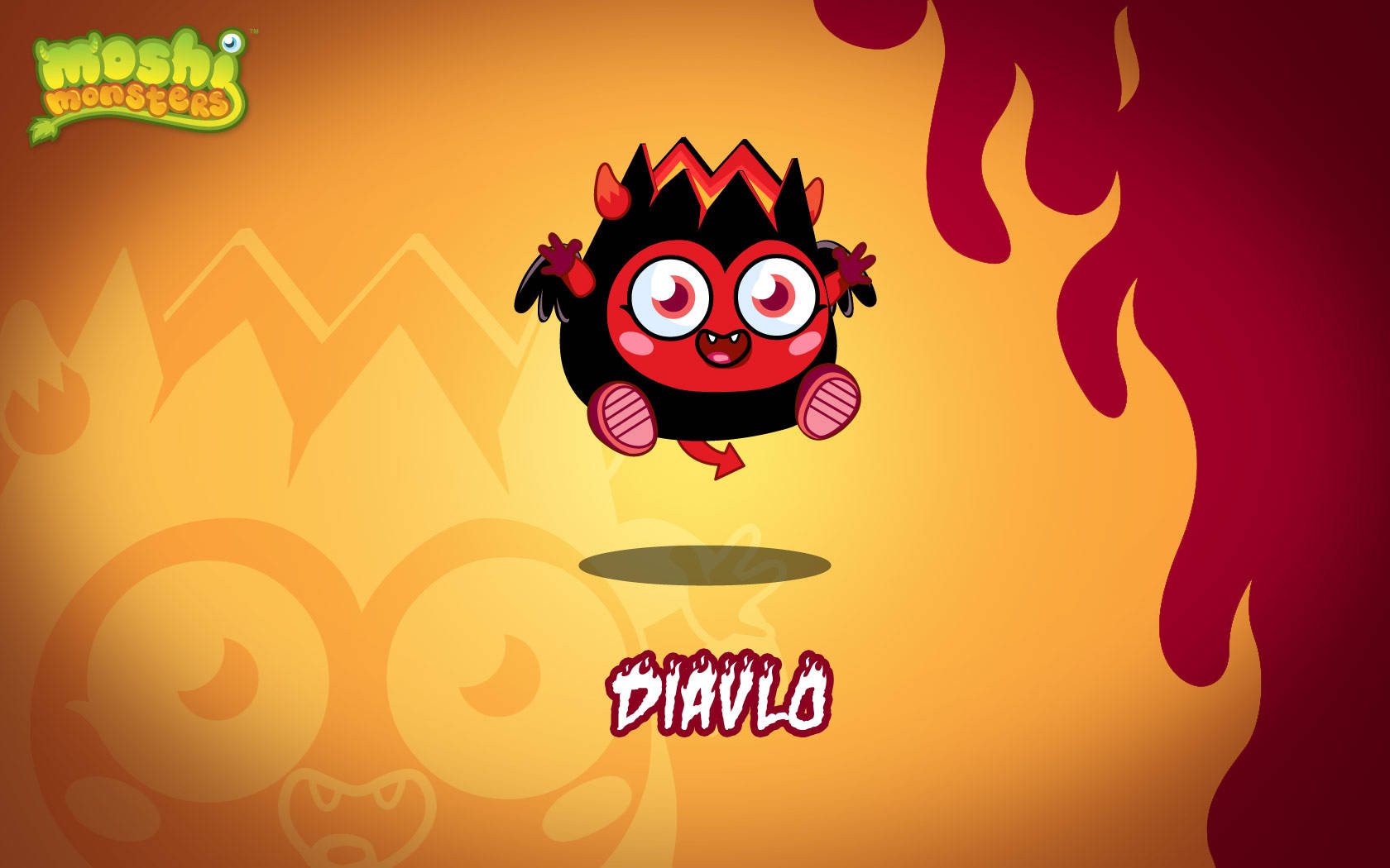 Moshi Diavlo Monsters 壁紙 — 一個卡通惡魔角色，有著紅色的眼睛和角，在火熱的橙色和紅色背景上快樂地漂浮。