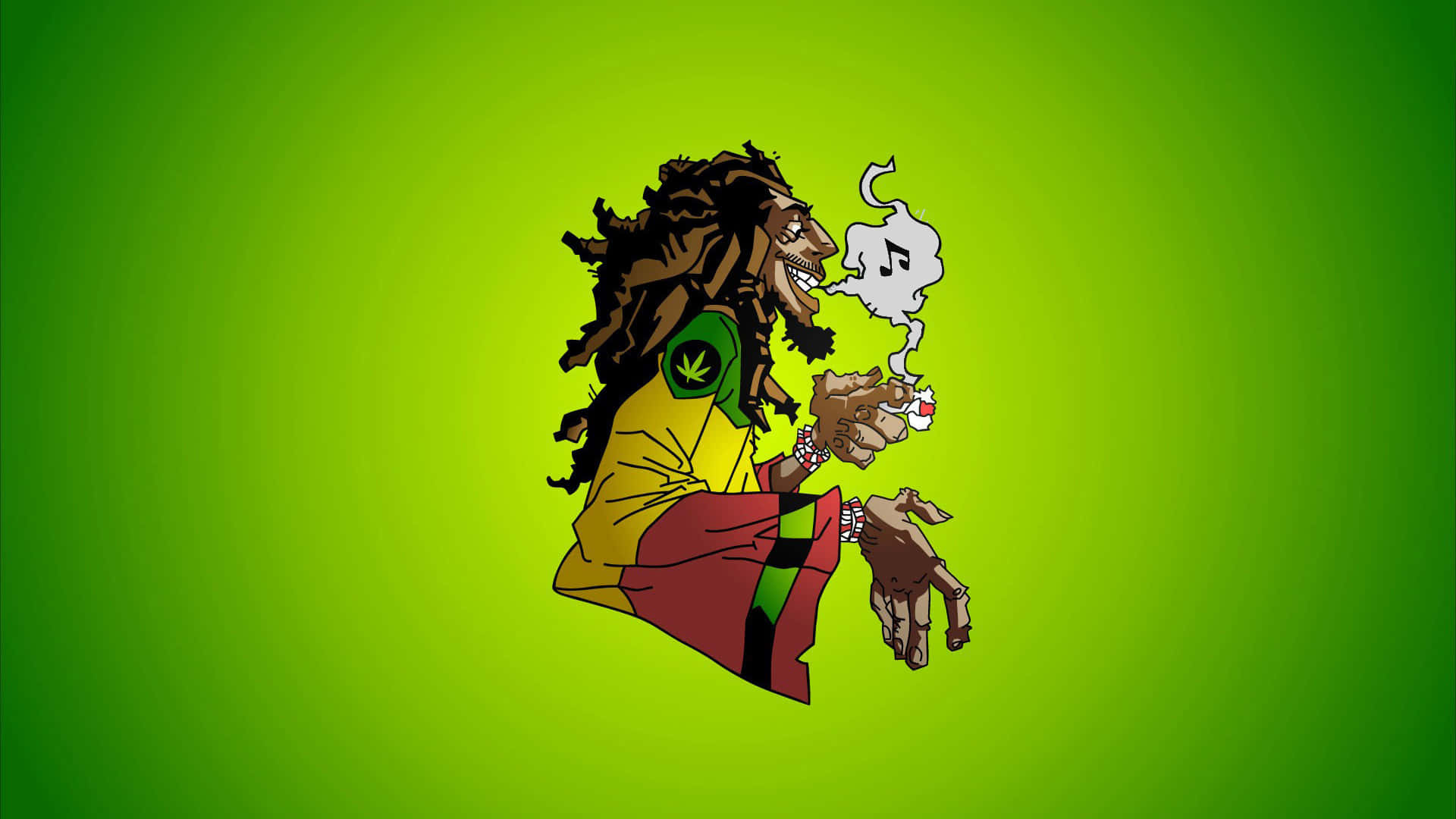 Jamaica 桌布 壁紙 — 一個卡通拉斯塔男人，梳著辮子，抽著大麻煙，煙霧化為音符，背景是充滿活力的綠色漸變。