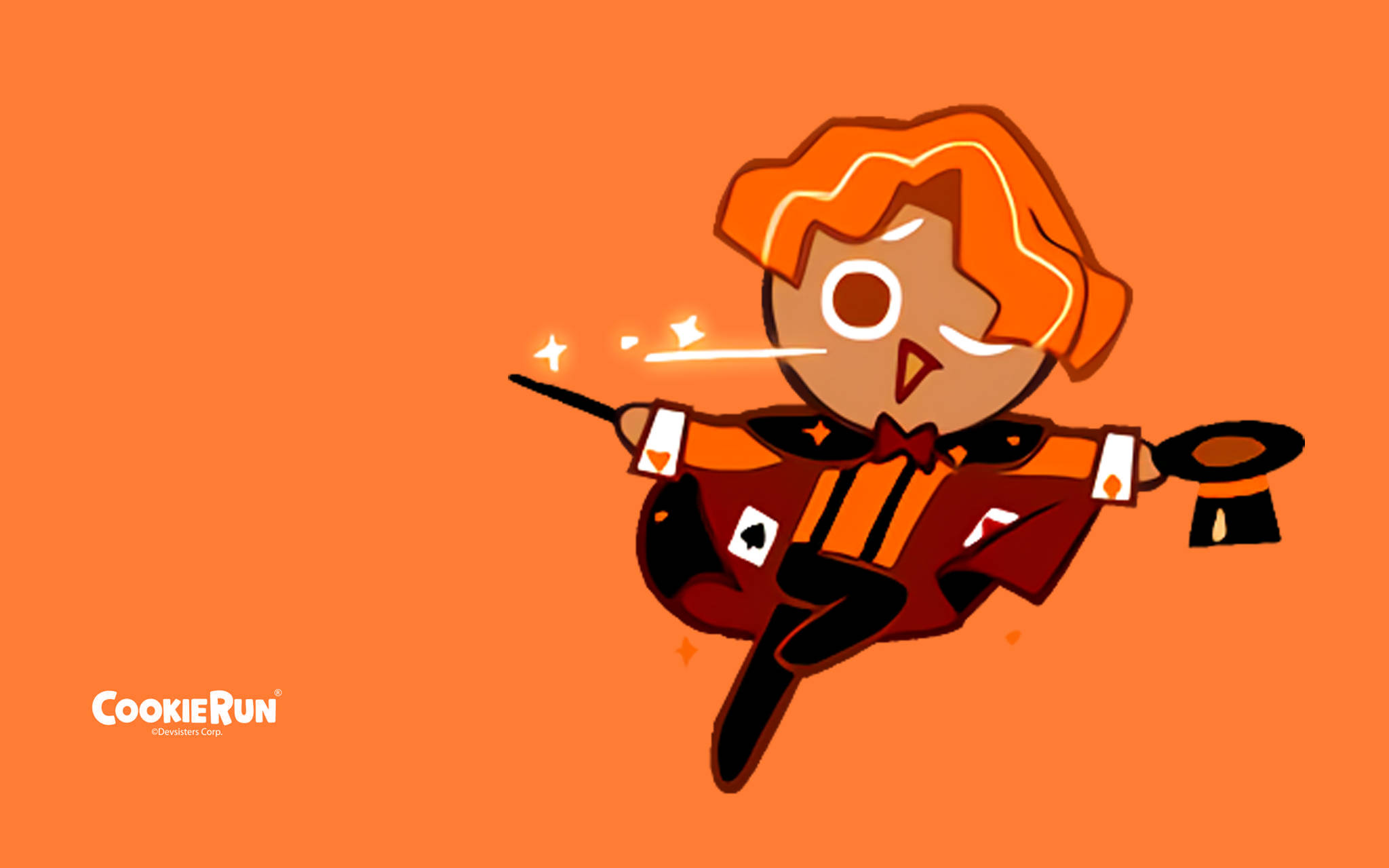 Cinnamon Cookie Run 壁紙 — 一個卡通曲奇巫師，身穿紅色斗篷和領結，在純橙色背景前用魔杖施展魔法咒語。