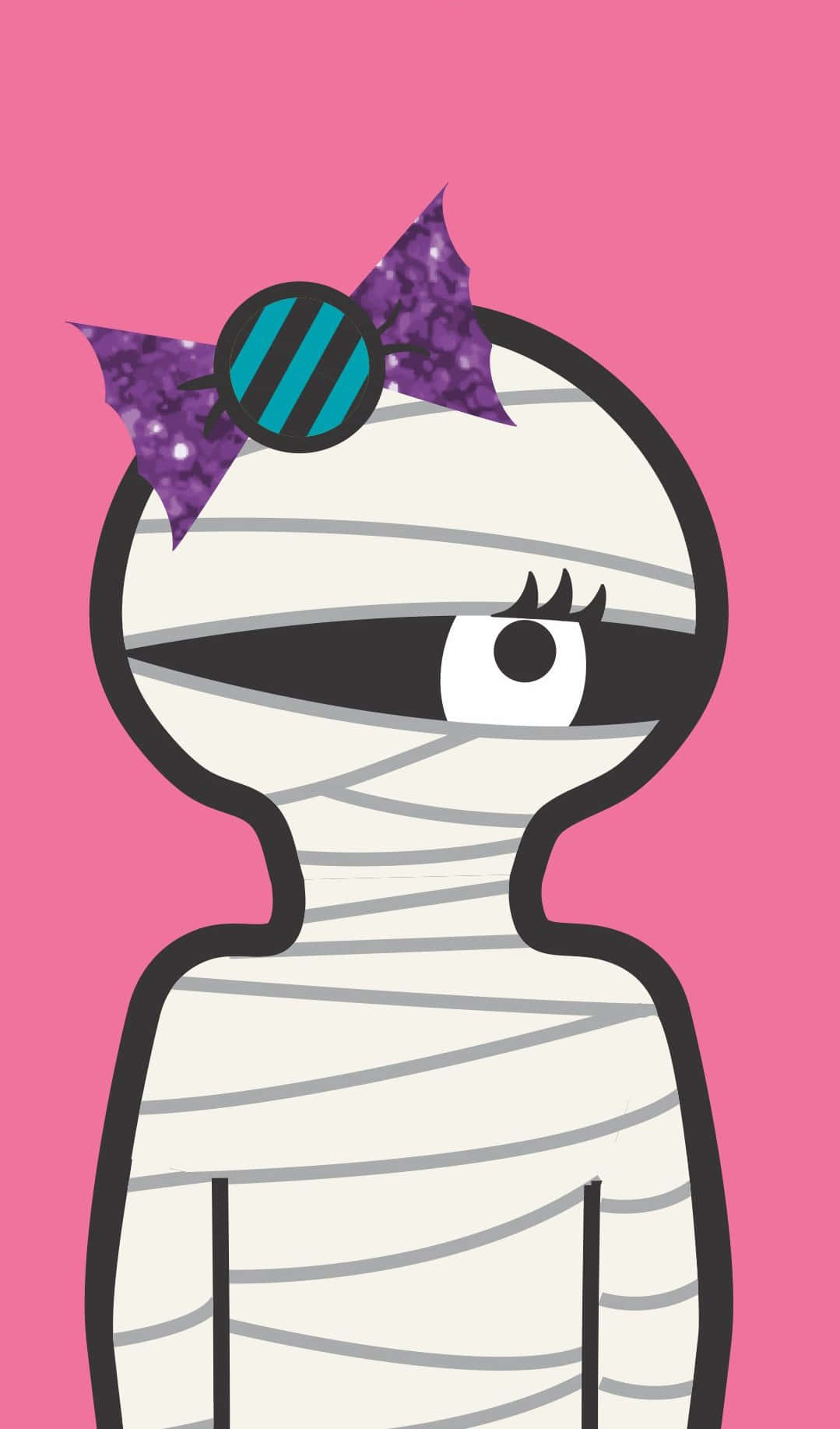 Mummy Costumes 桌布 壁紙 — 一個卡通木乃伊，有一隻眼睛和一個閃亮的紫色蝴蝶結，背景為粉紅色。