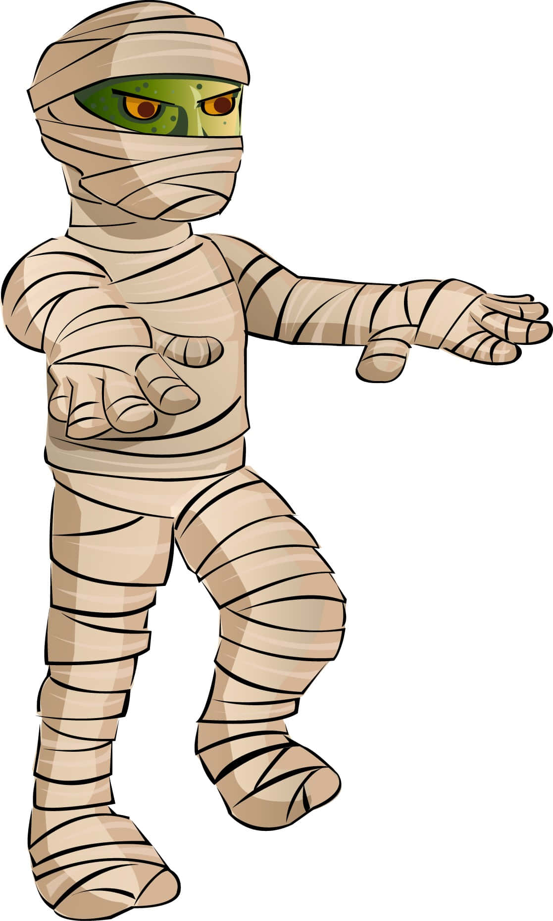 Mummy Costumes 桌布 壁紙 — 一個卡通木乃伊，有著發光的綠色眼睛和纏著繃帶的四肢，帶著詭異的笑容向前伸出手。