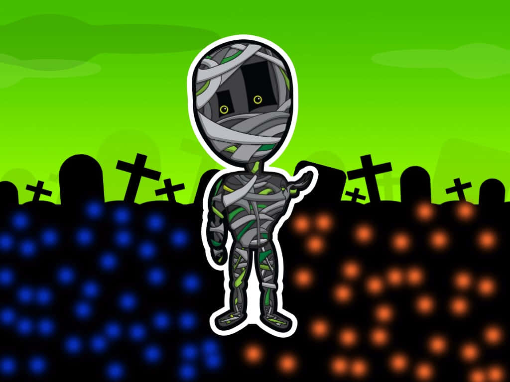 Mummy Costumes 桌布 壁紙 — 一個卡通木乃伊，眼睛發光，站在墓地中，天空是霓虹綠色，下方有藍色和橙色的發光點。