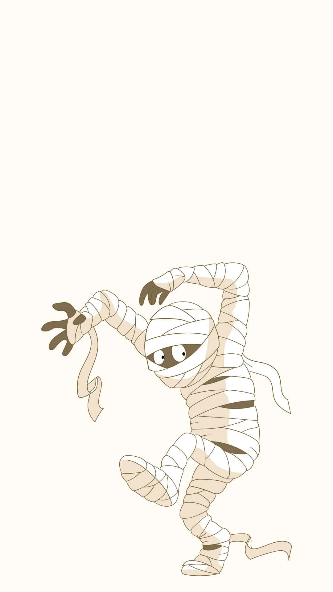 Mummy Costumes 桌布 壁紙 — 一個卡通木乃伊，眼睛睜大，雙臂伸展，在純米色背景上充滿活力地跳舞。