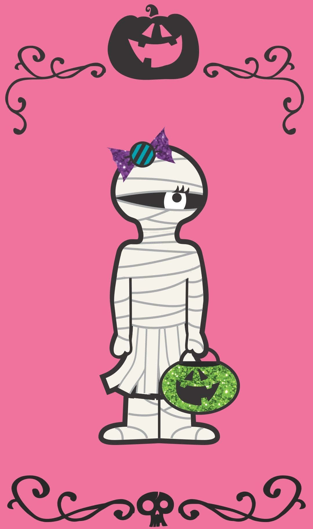 Mummy Costumes 桌布 壁紙 — 一個卡通木乃伊女孩，戴著紫色蝴蝶結，在帶有萬聖節圖案的粉紅色背景前，拿著一個閃閃發光的南瓜桶。