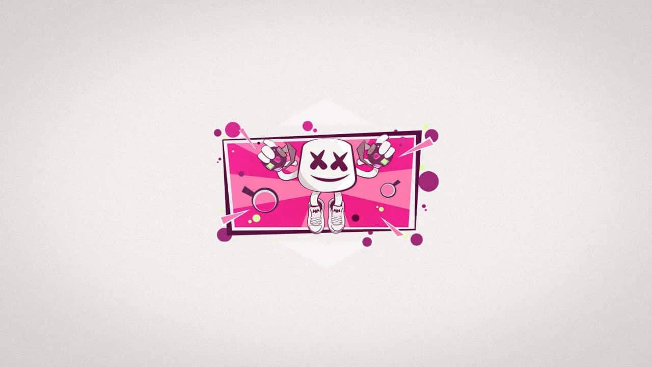 Marshmello 桌布 壁紙 — 一個卡通棉花糖角色，有X形眼睛和運動鞋，站在一個充滿活力的粉紅色框架中，周圍有飛濺物和工具。