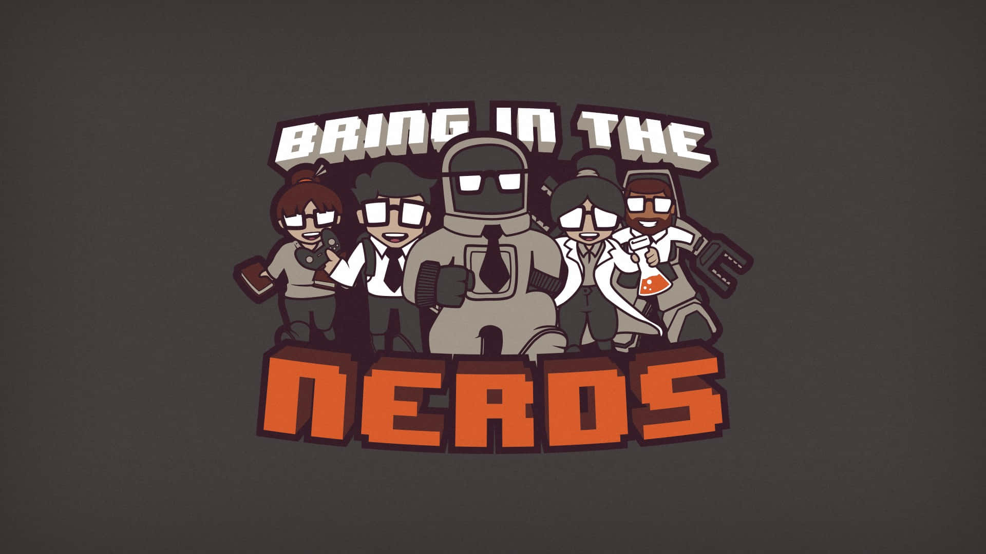 書呆子 桌布 壁紙 — 一個卡通標誌，在深灰色背景上，文字「BRING IN THE NERDS」下方有五個書呆子角色，包括一個機械人。