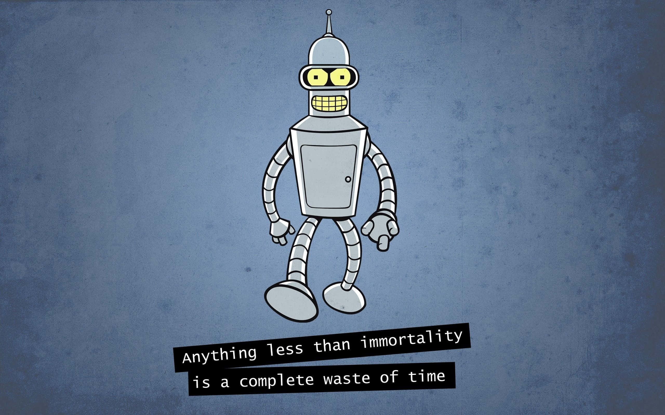 Cartoon Robot 桌布 壁紙 — 一個卡通機械人，黃色眼睛，咧嘴而笑，站在有紋理的藍色背景前，下方有一句引文。