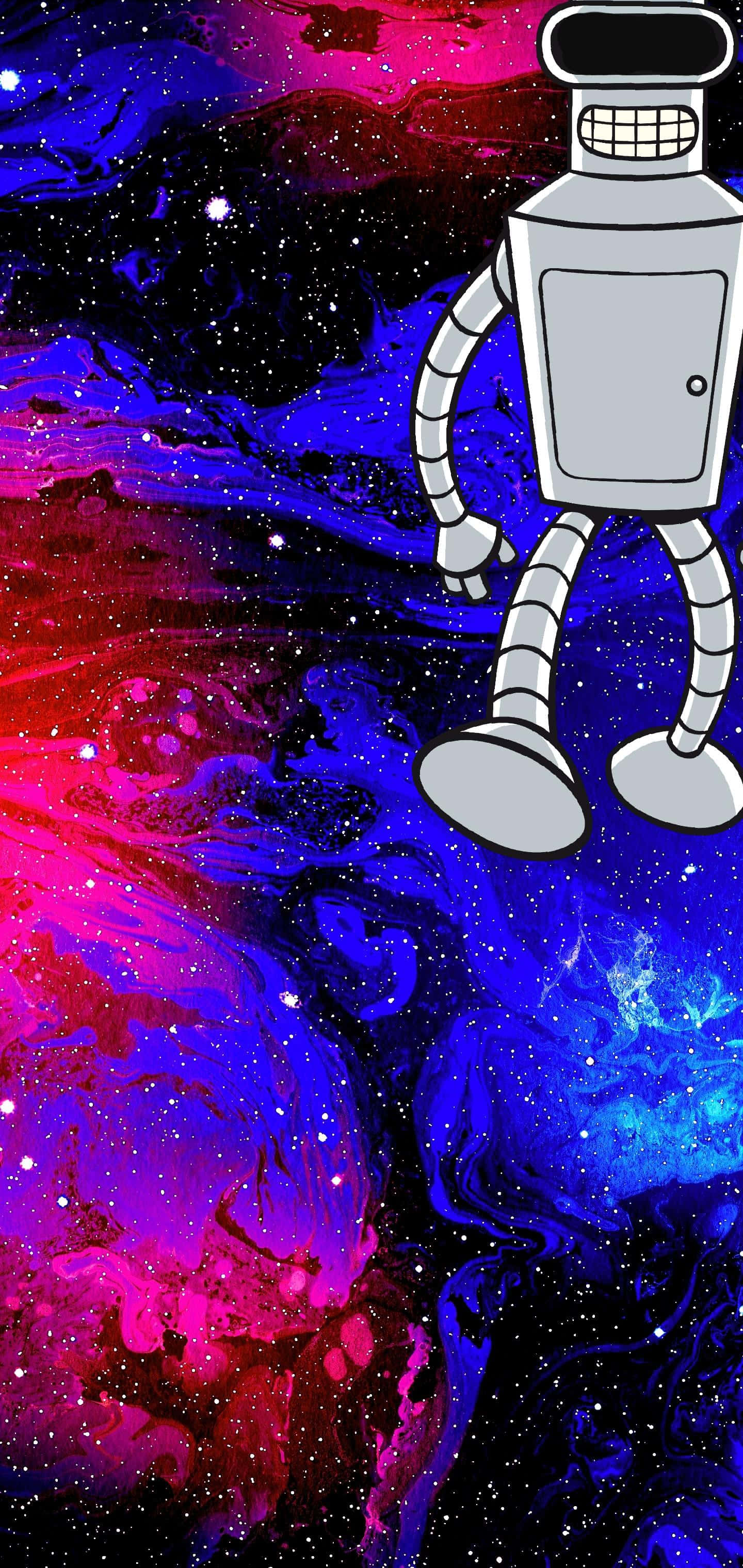 乃出未來 桌布 壁紙 — 一個卡通機械人漂浮在充滿活力的宇宙星雲中，周圍是旋轉的粉紅色、藍色和黑色星星。