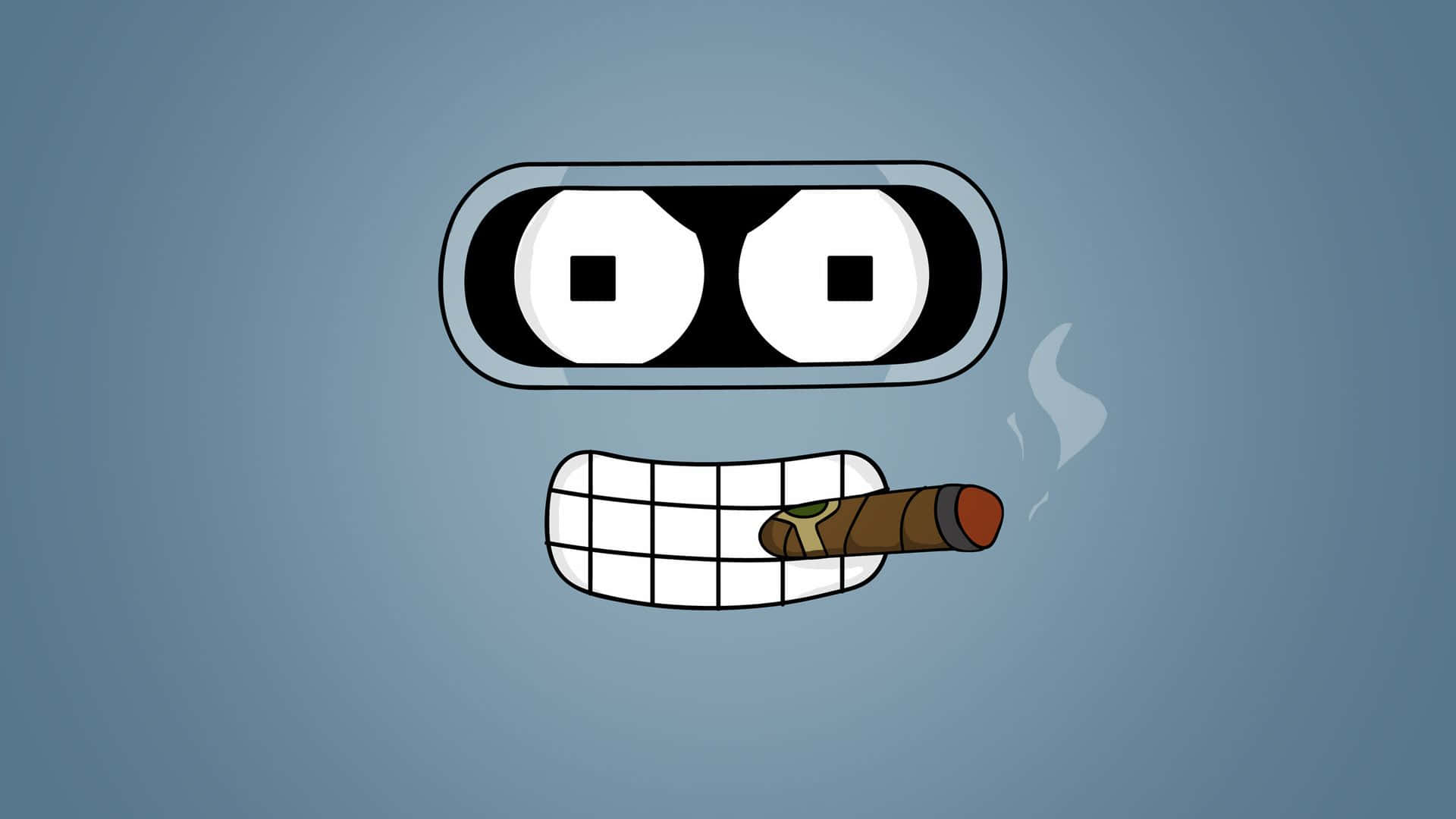 Cartoon Robot 桌布 壁紙 — 一個卡通機械人臉，有大眼睛和網格狀嘴巴叼著雪茄，在藍色漸變背景上噴出煙霧。