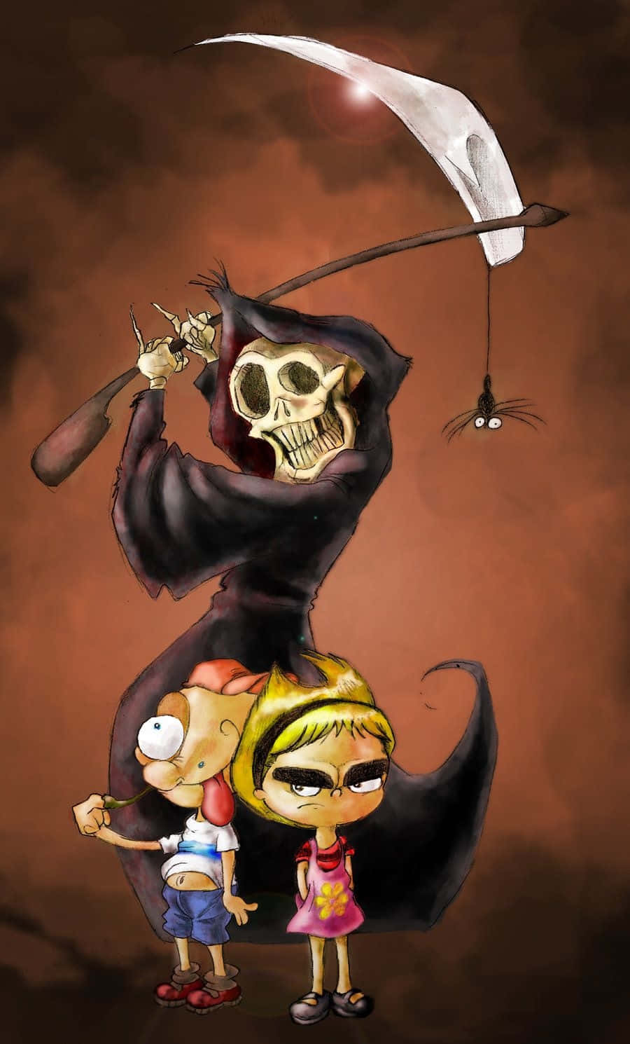 the grim adventures of billy and mandy 桌布 壁紙 — 一個卡通死神拿著鐮刀，在深棕色背景上籠罩著兩個睜大眼睛的孩子。