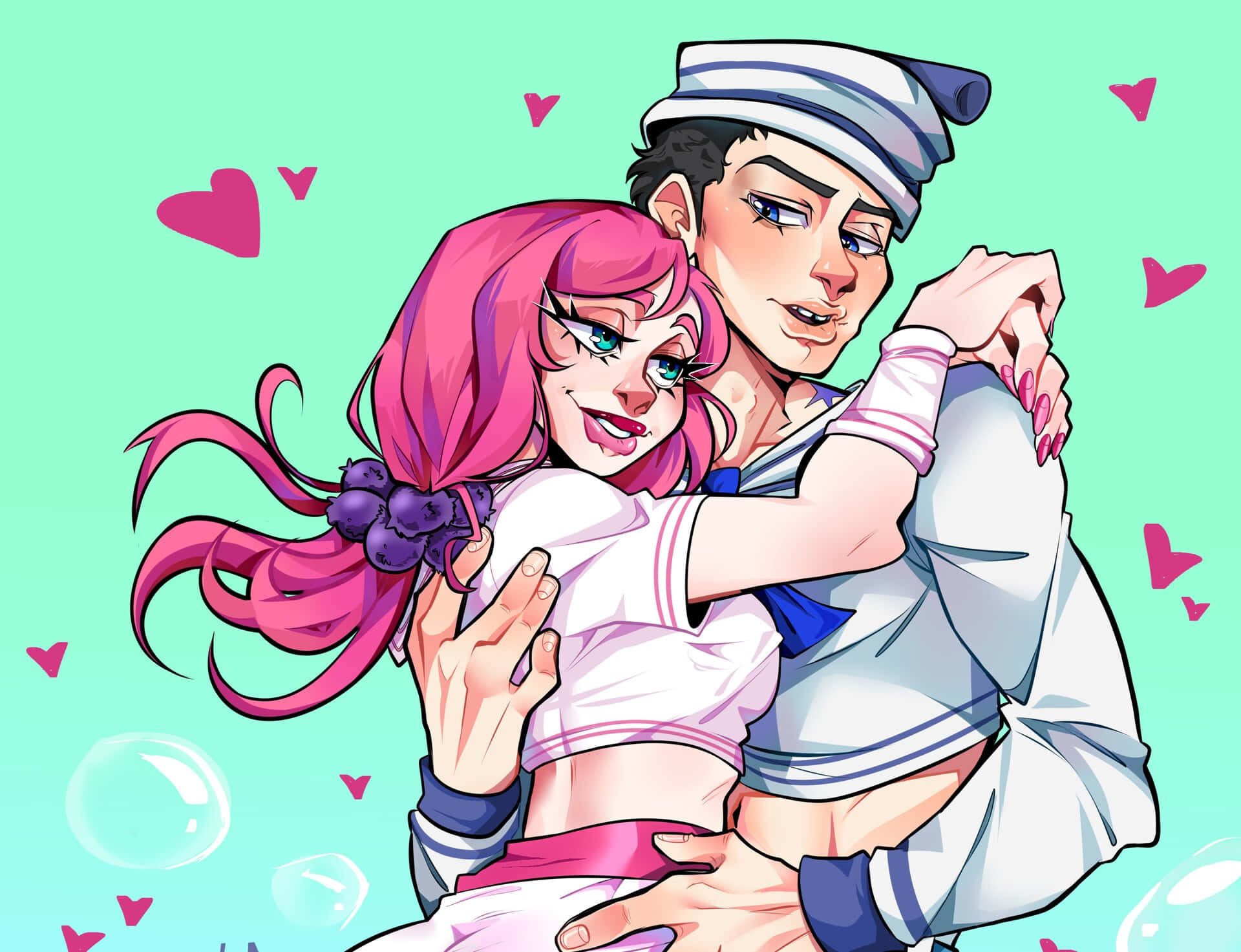 Jojolion 桌布 壁紙 — 一個卡通水手擁抱一個粉紅色頭髮的女孩，心形和泡泡在他們周圍漂浮，背景是薄荷綠色。