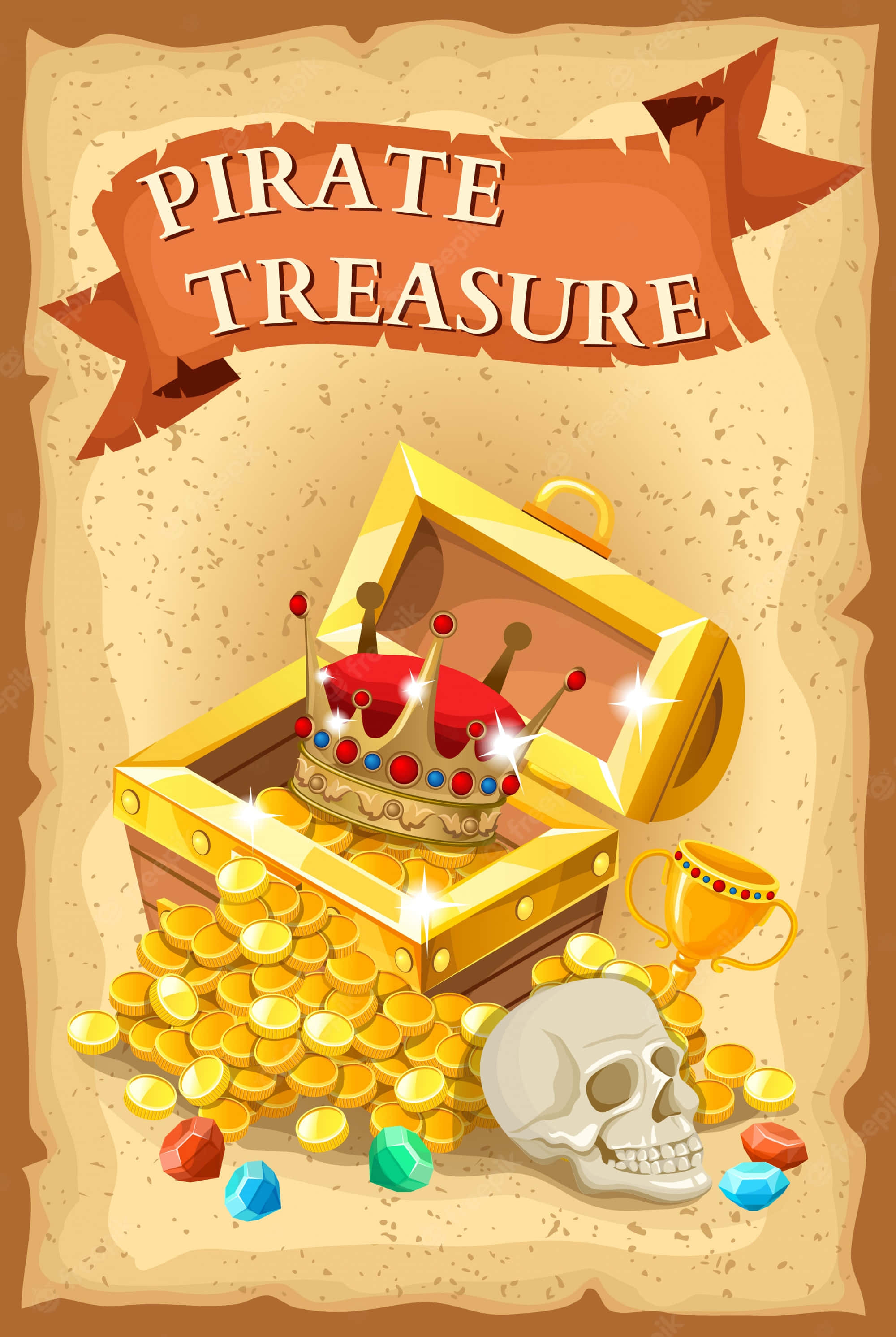 Treasure 桌布 壁紙 — 一個卡通海盜寶箱，裡面裝滿了金幣、珠寶，還有一個骷髏頭上戴著皇冠，放在沙質背景上。