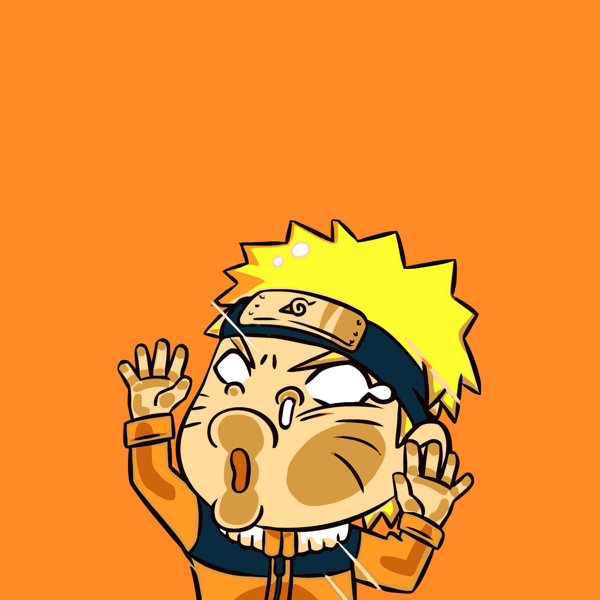 Funny Naruto 桌布 壁紙 — 一個卡通漩渦鳴人角色，擁有尖刺金黃色頭髮和橙色連身衣，在純橙色背景上熱情地揮手。